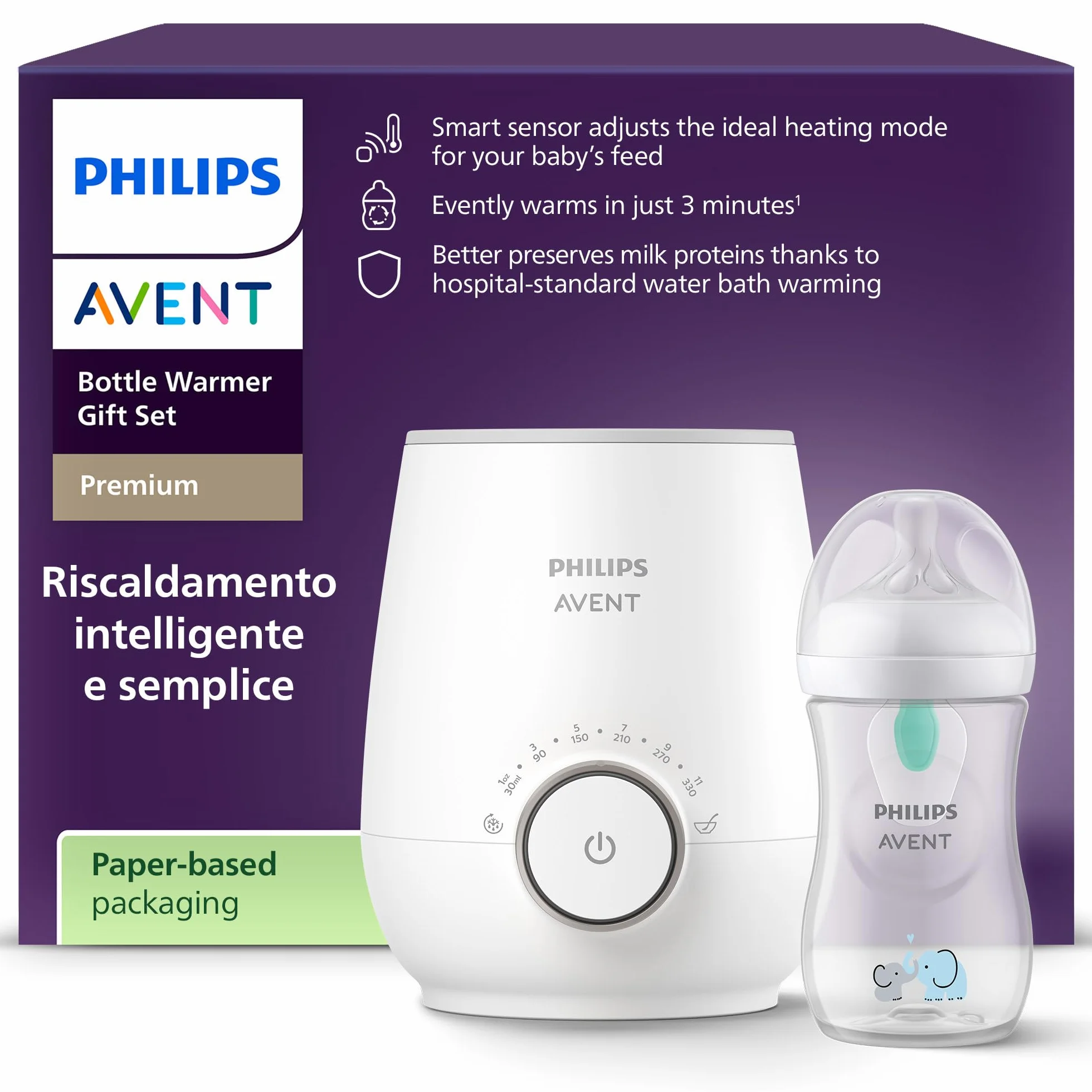 Philips Avent Scaldabiberon Set regalo – Scaldabiberon veloce e biberon Natural Response, controllo temperatura smart, riscaldamento uniforme, spegnimento automatico, SCF358/10