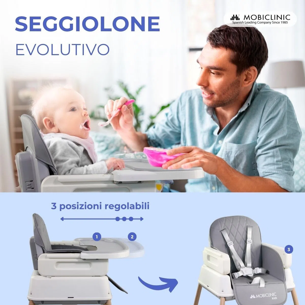 Mobiclinic® kids, Seggiolone pappa evolutivo, 3 in 1, Kiara, + sedia da gioco alto, Pieghevole, Cintura di sicurezza a 5 punti, Vassoio regolabile, 6-36 mesi, Fino 15 kg