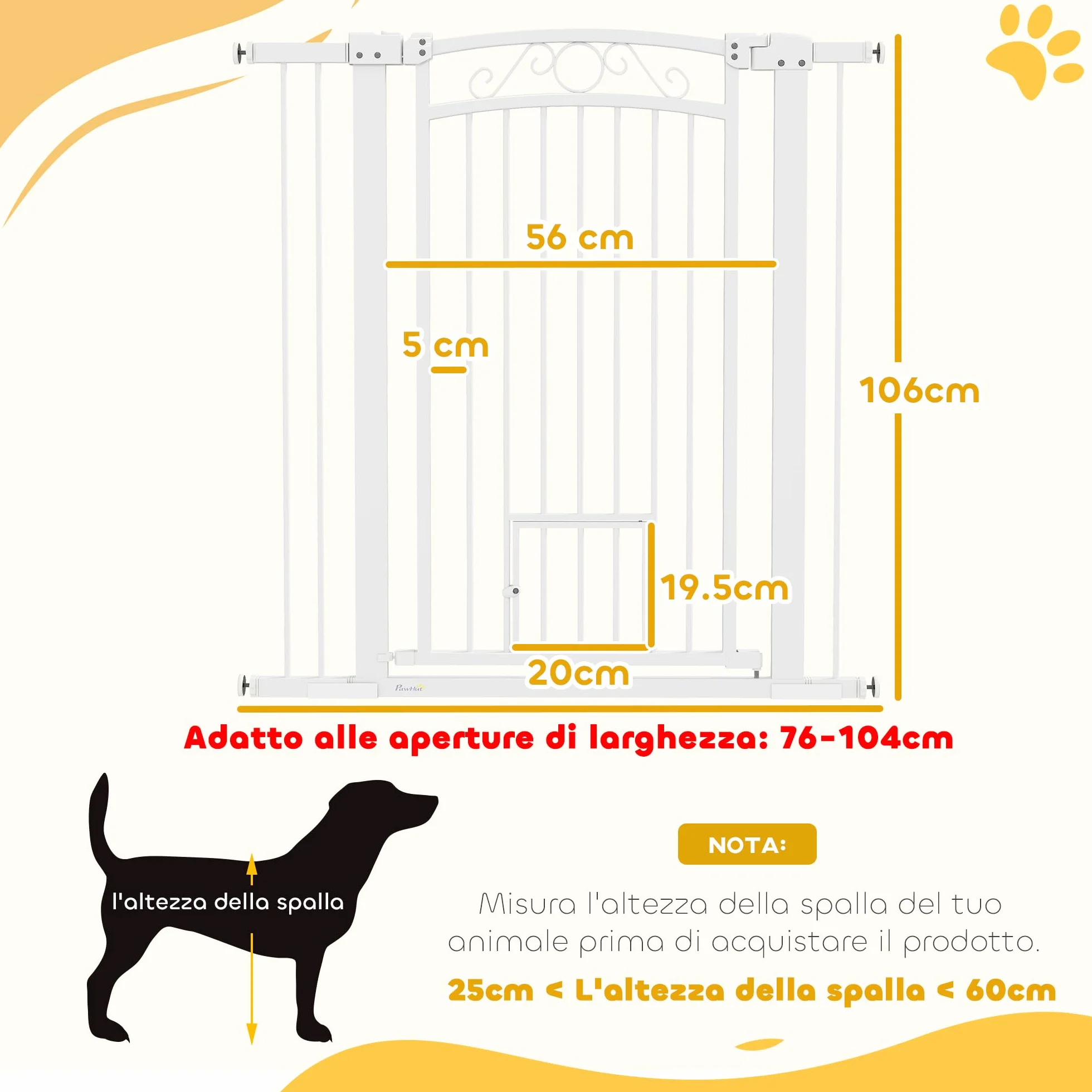 PawHut Cancelletto di Sicurezza per Cani da Interno 76-104 cm con Porta per Gatti, Alto 106 cm, Bianco
