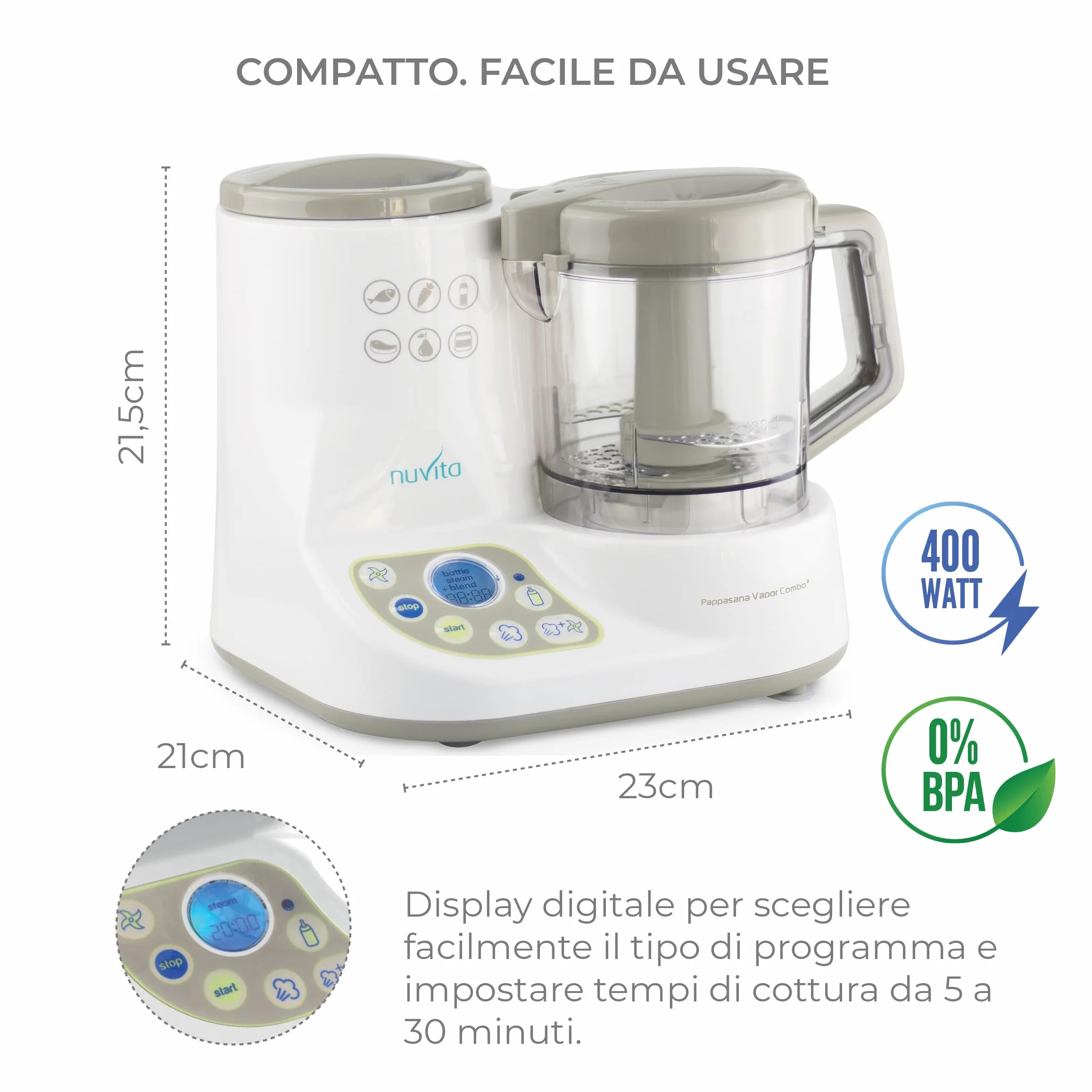 Nuvita 1966 Cuocipappa Pappasana Vapor Combo 2 6 in 1 Mini Robot per Pappe