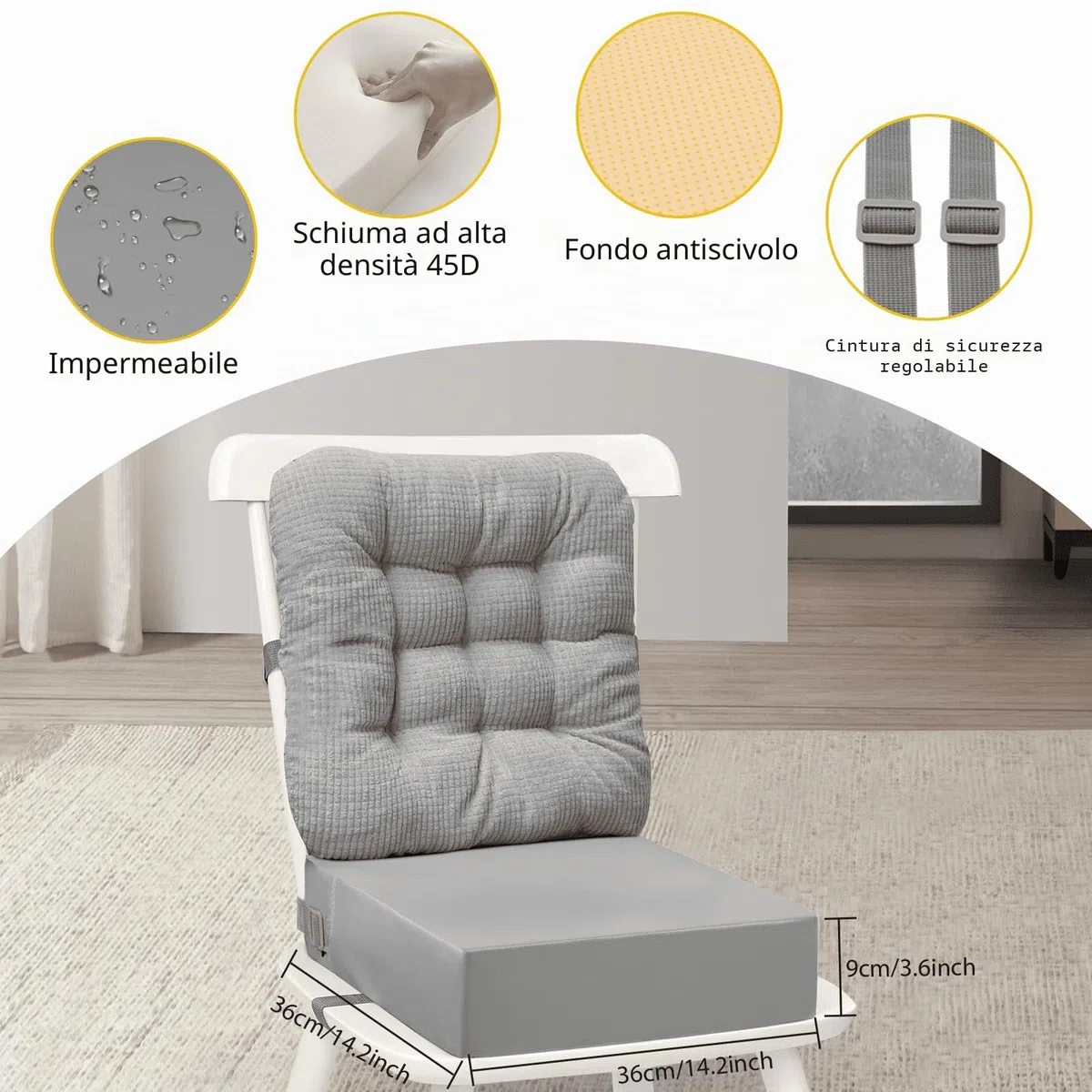 Rialzo Cuscino per Bambini 2 Pezzi, Rialzo da Sedia per Bambini per Sedia Seggiolino Regolabile Lavabile Smontabile con Cinghie Regolabili per Sedia da Pranzo (Grey)