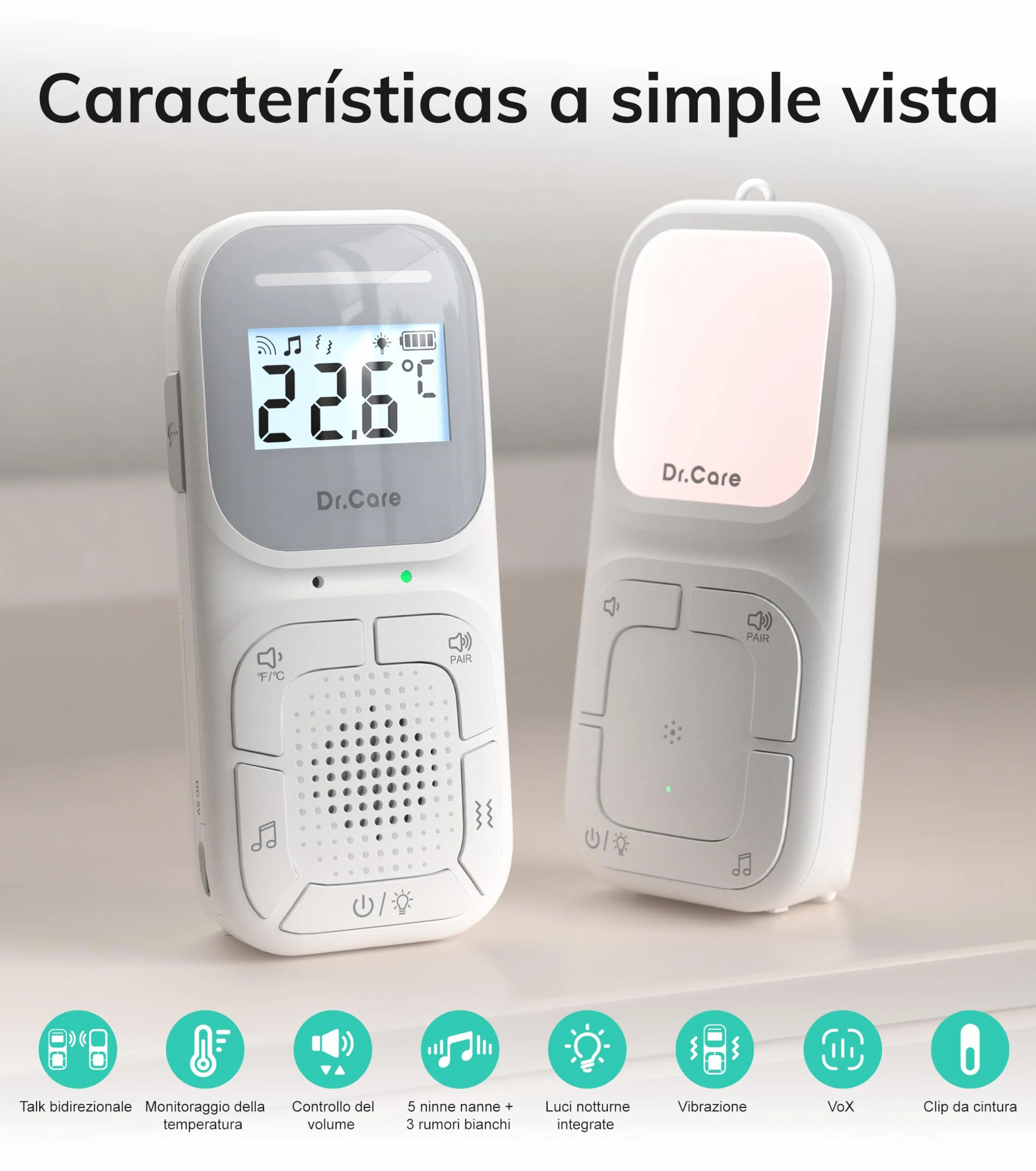 Dr.Care NeoGo Audio Baby Monitor pre-accoppiato VOX luce notturna portata 300 m