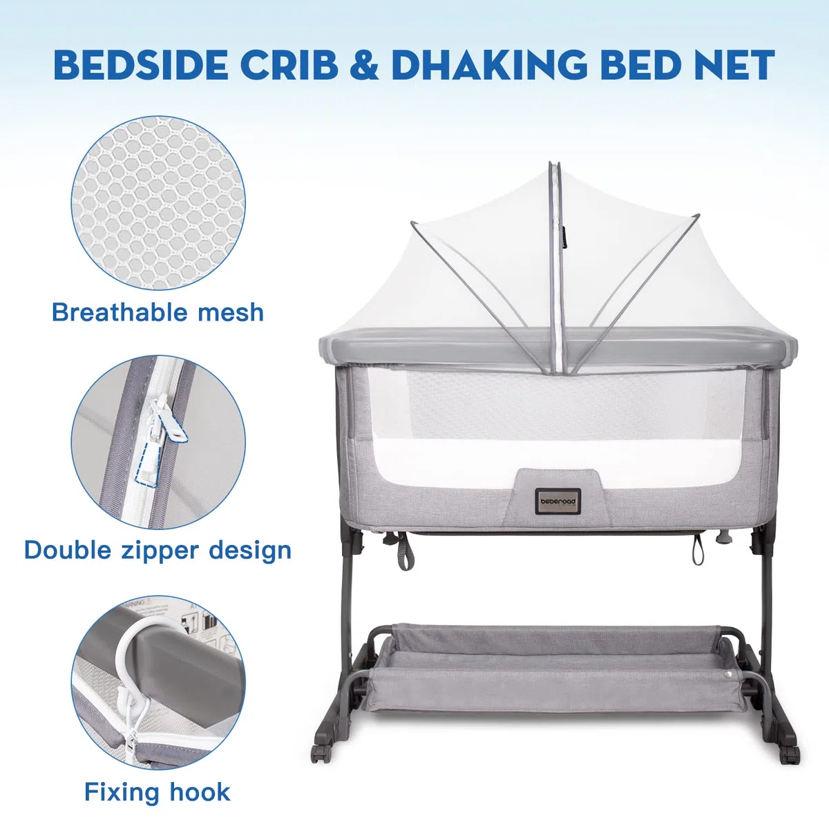 Beberoad Zanzariere per Culla Fianco Letto/Lettino Co-Sleeping/Culletta portatile neonato, Protezione Insetti per Neonati/Bambini,Facile Da Montare(Bianco,96X55cm)