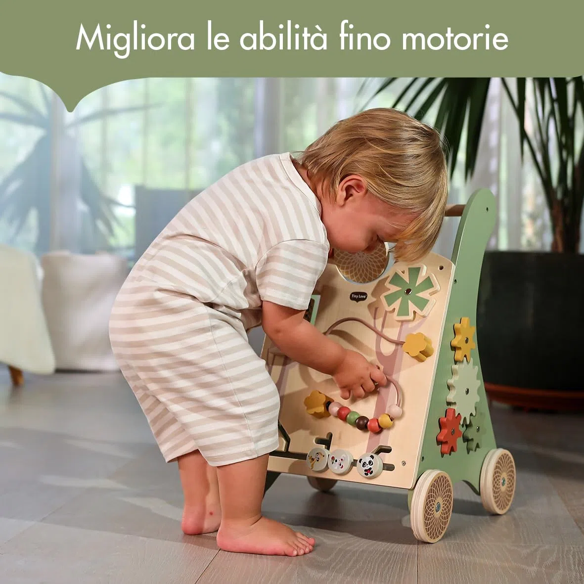 Tiny Love Walk Behind Carrello Primi Passi in Legno e Centro Attività Montessori, 12 Giochi Interattivi, Supporta Capacità Motorie e Sviluppo, Ruote Gommate Antiscivolo, 18+ Mesi, Boho Chic