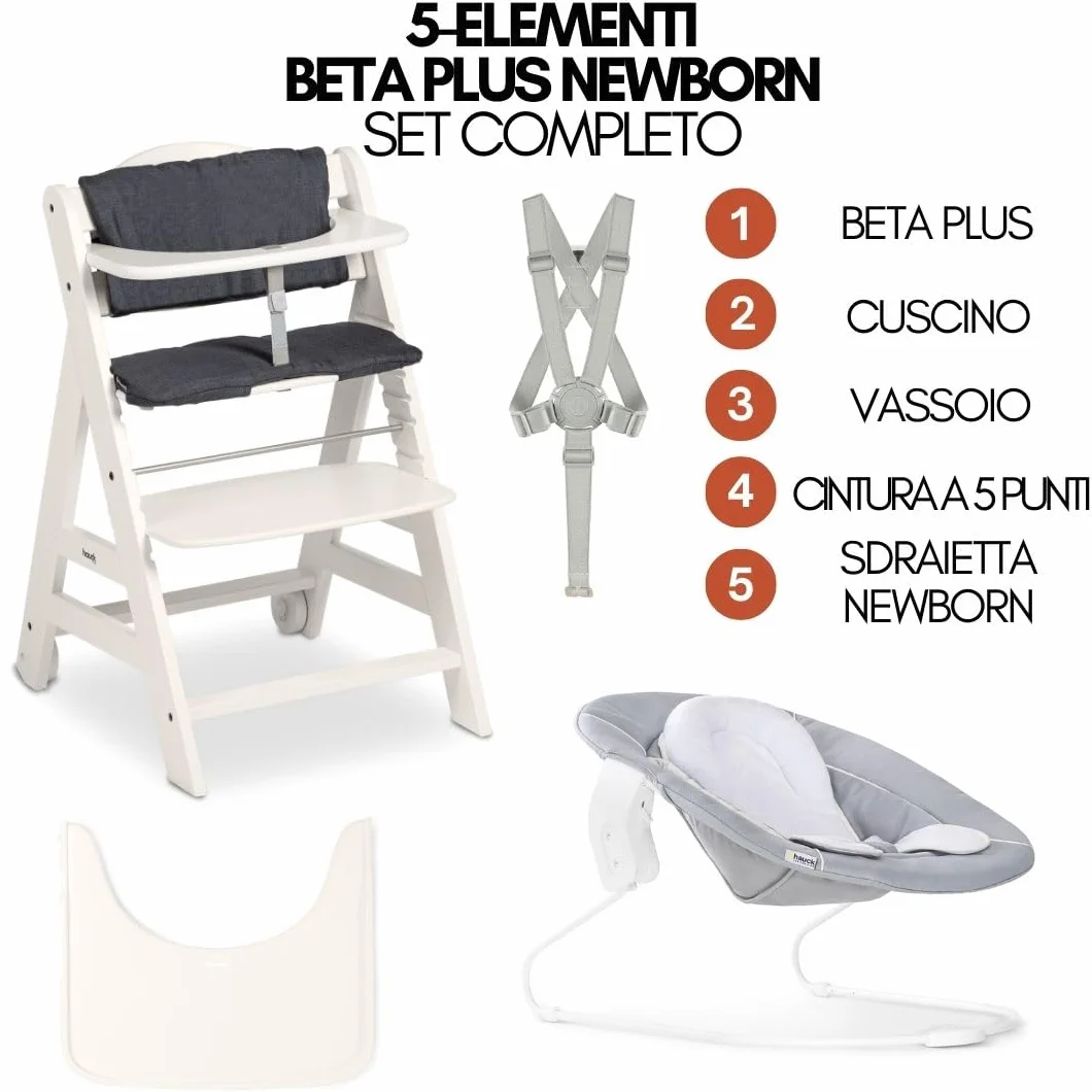 Hauck Seggiolone Beta+ Newborn Set - Seggiolone Evolutivo in Legno 2in1 con Sdraietta Neonati, Bianco