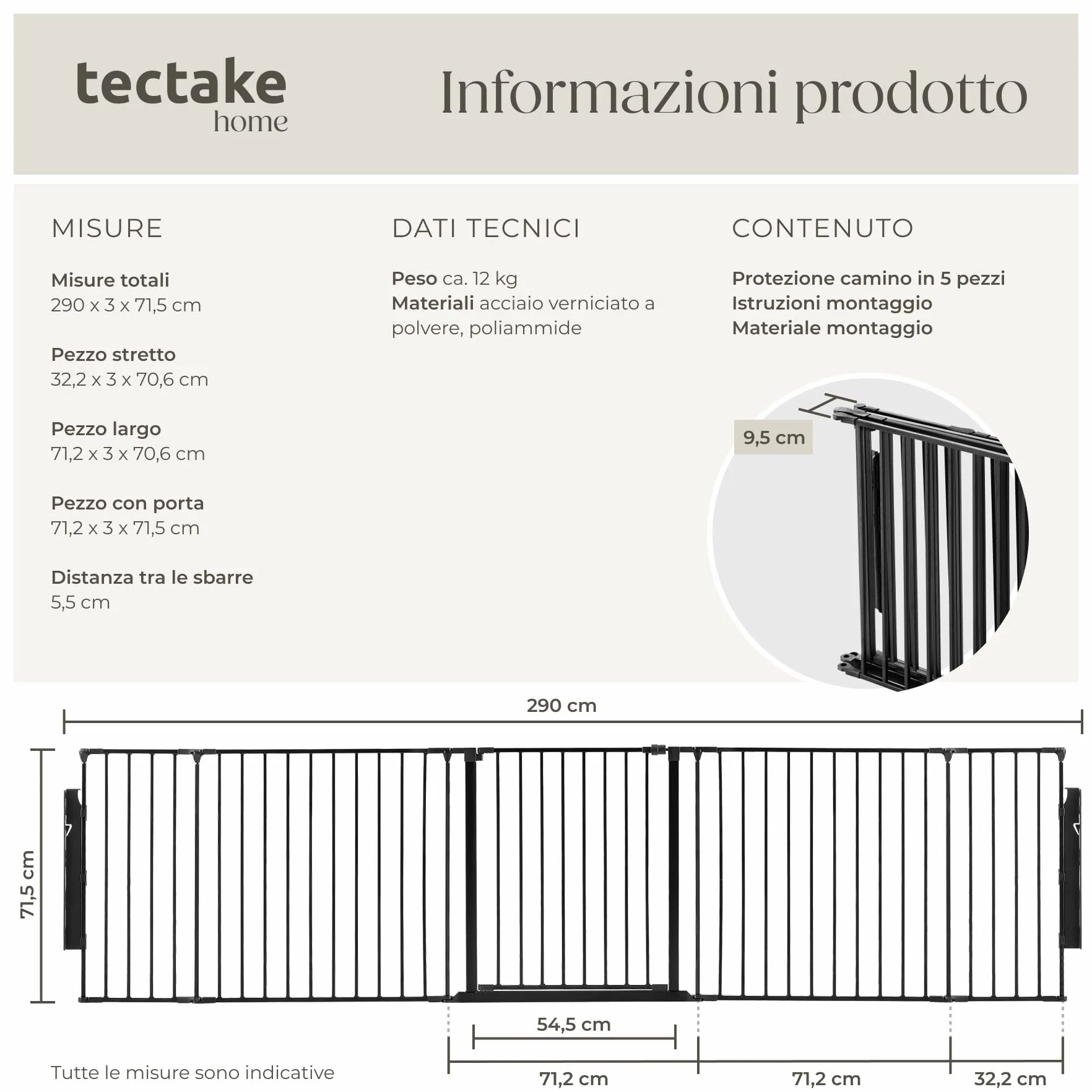 tectake®, Barriera Protettiva per Camino per Bambini, 290 cm, Sistema di Chiusura a Livelli, Costruzione Robusta in Acciaio, Modulare e Flessibile, Cancelletto per Scale e Corridoi
