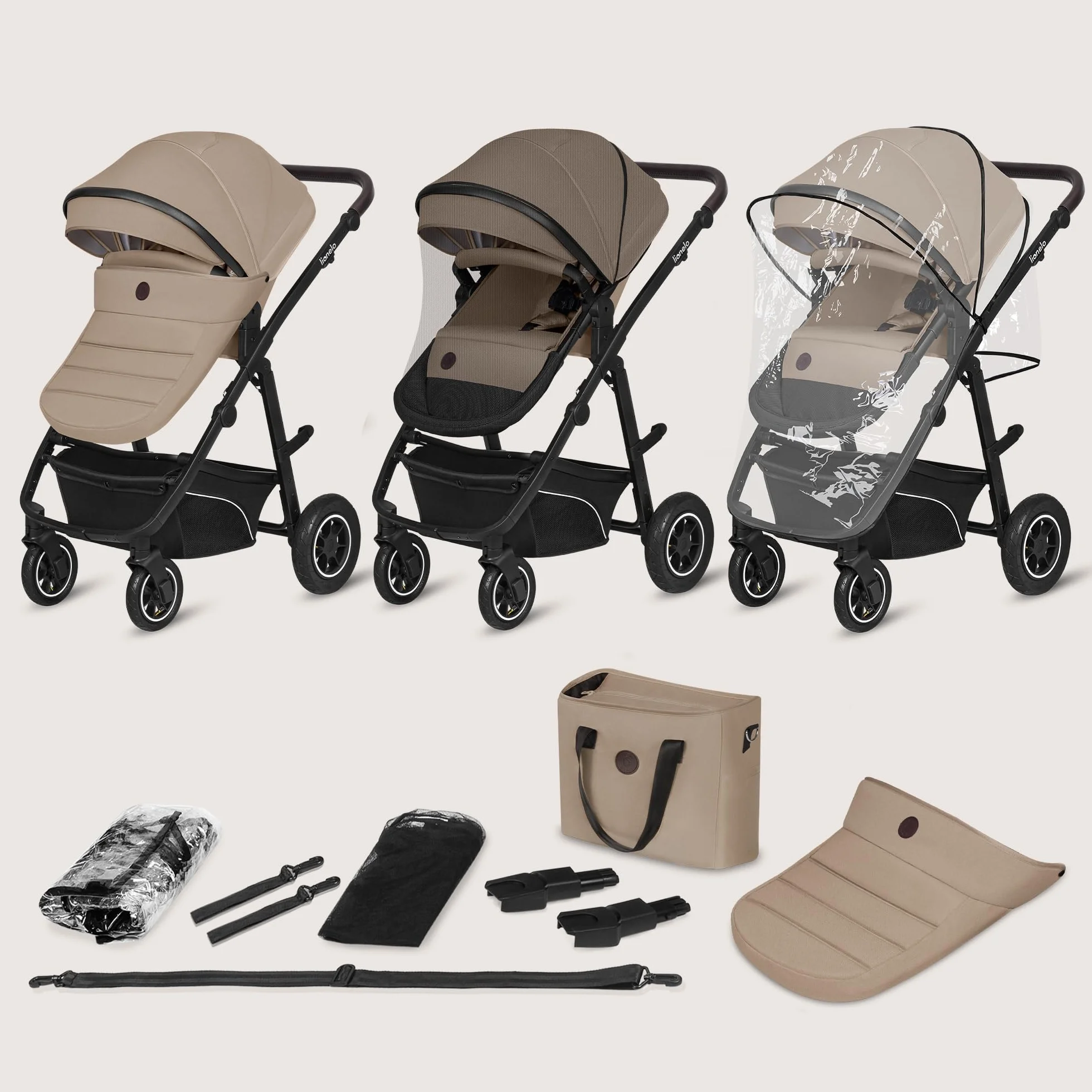 Passeggino 3 in 1 per Bambini 0-48 mesi, Sistema Modulare con Seduta, Navicella, Ovetto Neonato, Leggero, Pieghevole, Ruote Grandi, Cappottina XXL UPF50+