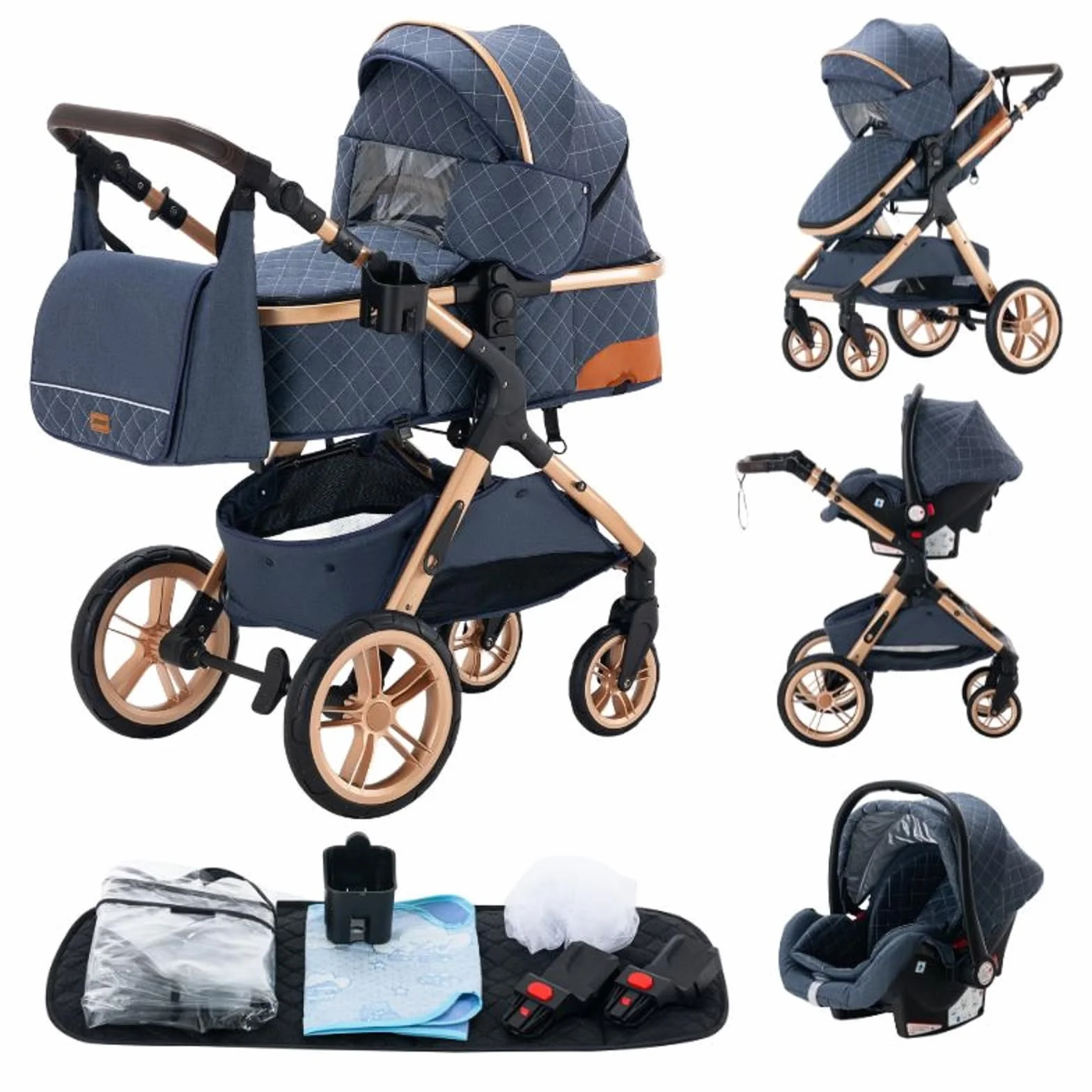 Gondola Passeggino 3 in 1 Pieghevole 25 kg Gomma XX1 Blu