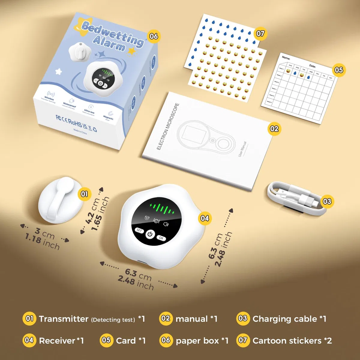 Allarme enuresi wireless, ricaricabile tramite USB, vasino con suono e vibrazione per bambini e adulti, dotato di sensore di umidità per enuresi