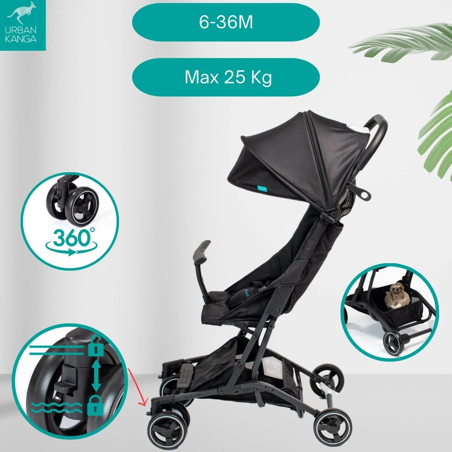 Urban Kanga Bandicoot Passeggino da Viaggio Ultraleggero Pieghevole Compatto fino a 22 kg con Tracolla Copertura Protettiva Midnight Black