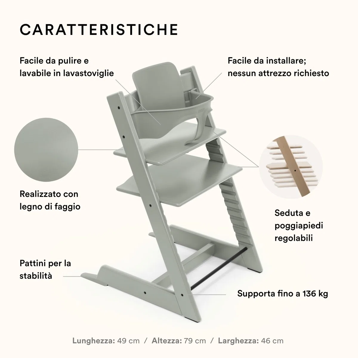 Seggiolone Tripp Trapp di Stokke con Baby Set, Glacier Green - Sedia regolabile ed evolutiva per bambini e adulti - Design ergonomico e classico