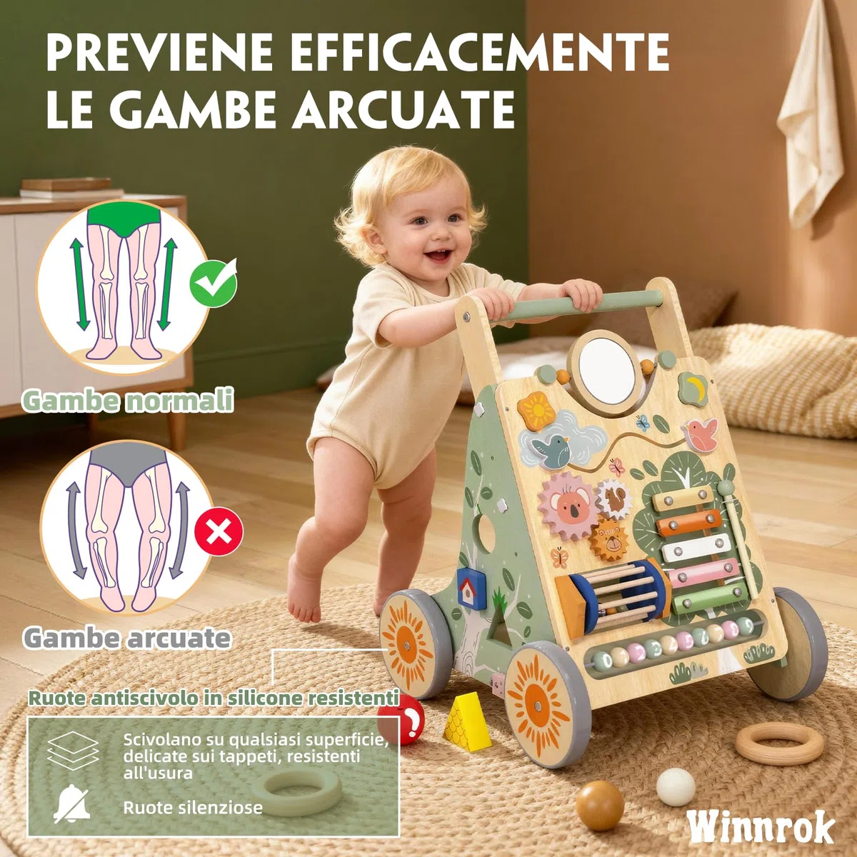 Carrello Primi Passi in Legno, Girello Montessori con Centro Attività, Girello Neonato Altezza e Velocità Regolabili, Perfetto come Regalo di Compleanno o Natale, Girello per Bambini 6-18 Mesi