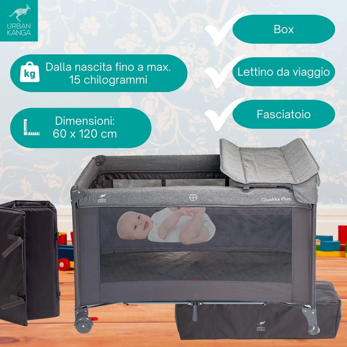 Urban Kanga QK Plus Lettino de Campeggio Neonato con Fasciatoio (QK Plus, Grigio)