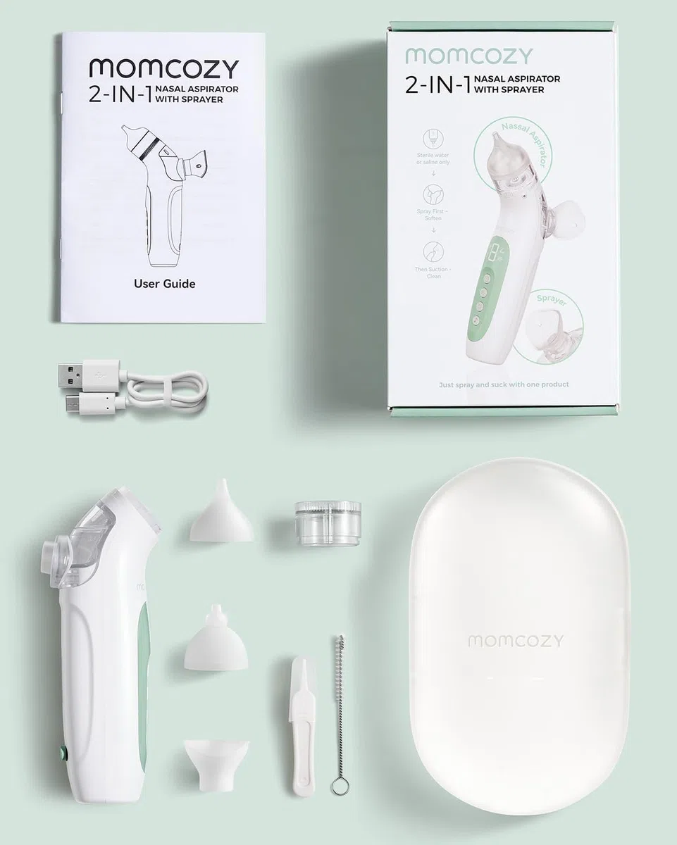 Momcozy Aspiratore Nasale Neonato Elettrico 2 in 1 con Spray, Aspirazione fino a 65 kPa, 4 Livelli Regolabili, Pulisci Naso Silenzioso e Portatile con Luce e Musica