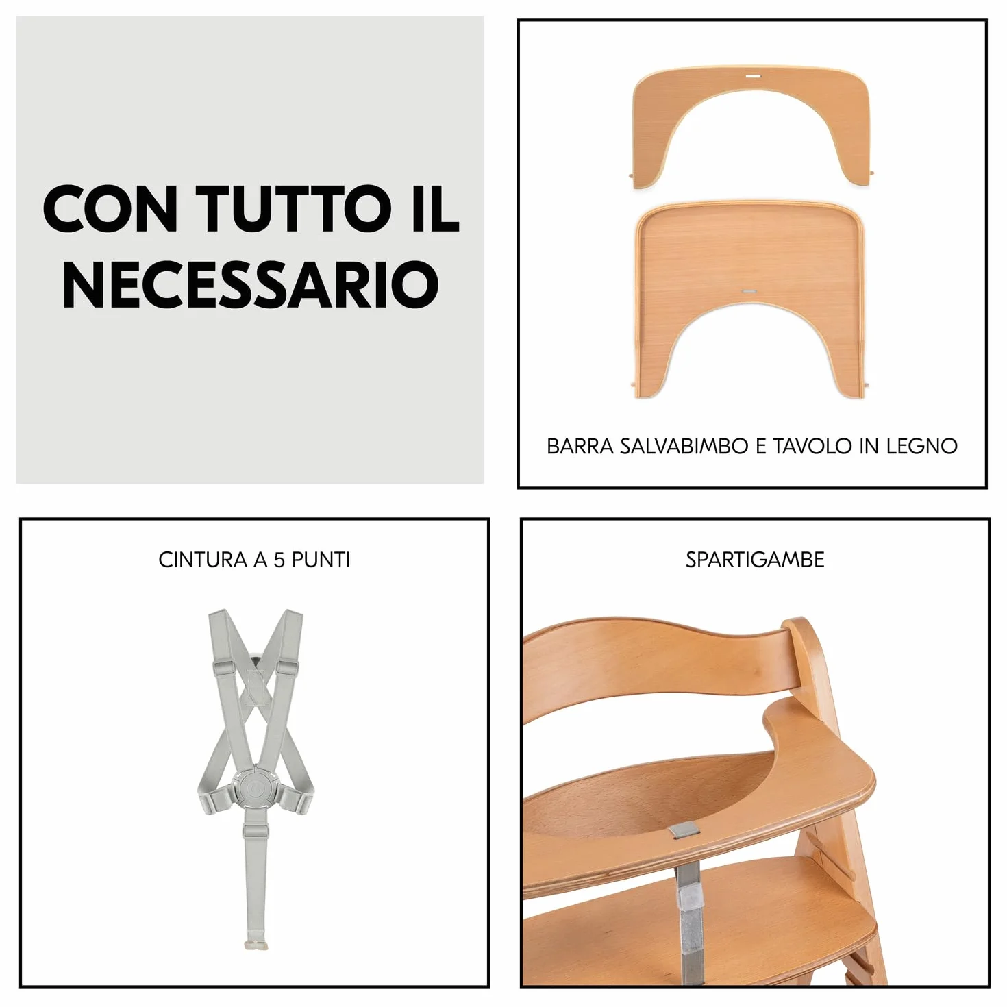 Hauck Beta+ Naturale Seggiolone Pappa con Ruote, Vassoio, Barra Protettiva, Cuscino di Seduta, Cintura a 5 Punti - Legno di Faggio 6 Mesi 90 kg