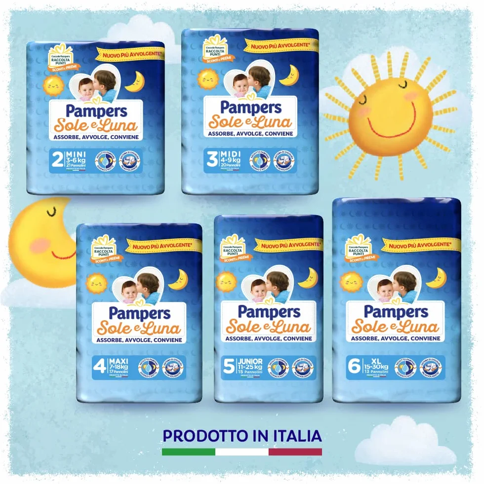 Pampers Sole e Luna Pannolini Maxi, Taglia 4 (7-18 kg), 136 Pannolini