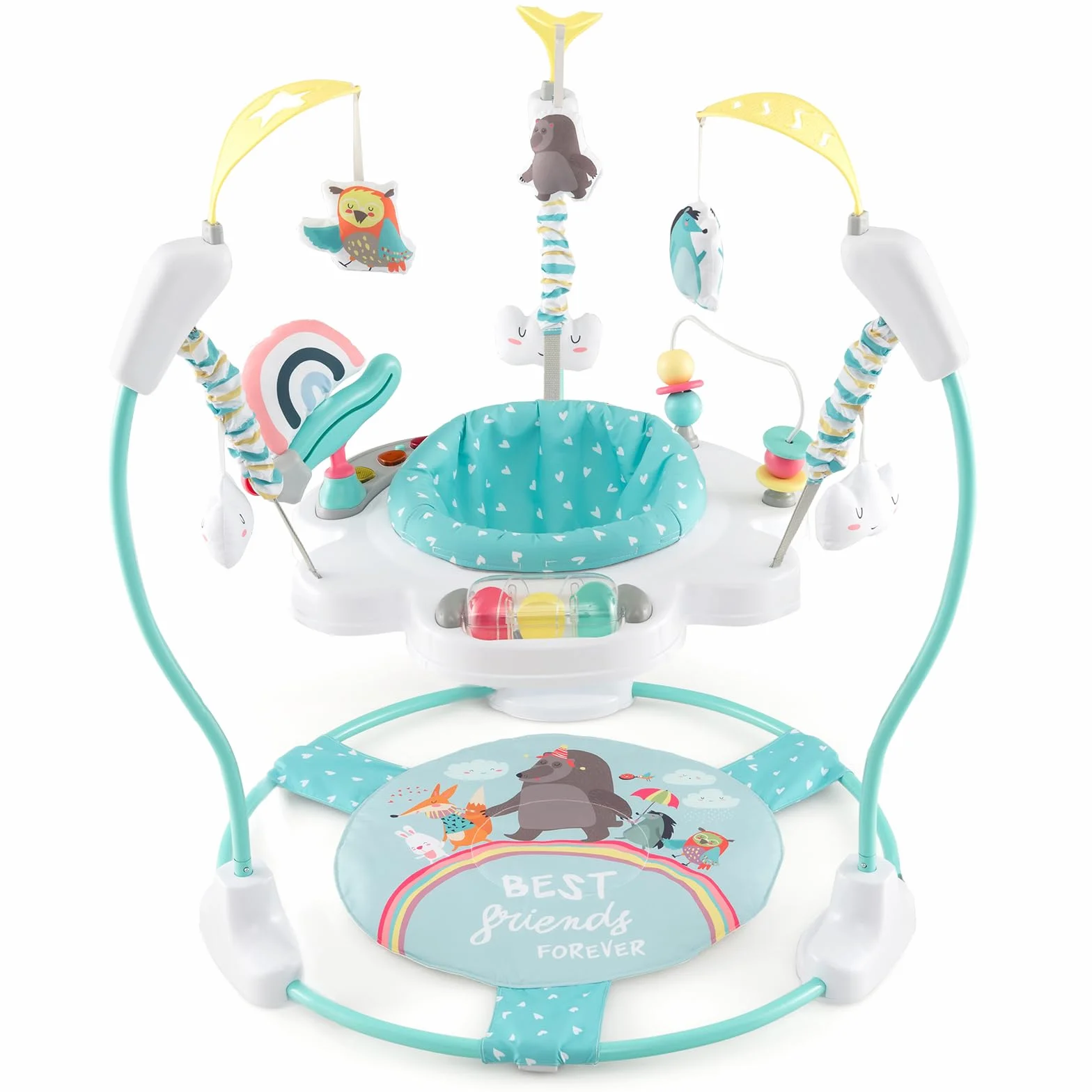 LIFEZEAL Jumperoo Bebe con seduta girevole a 360° e rimovibile, saltatore per bambini, altezza regolabile, 3 posizioni, centro giochi con luce e musica, 9 giocattoli, carico 12 kg, transat comfort