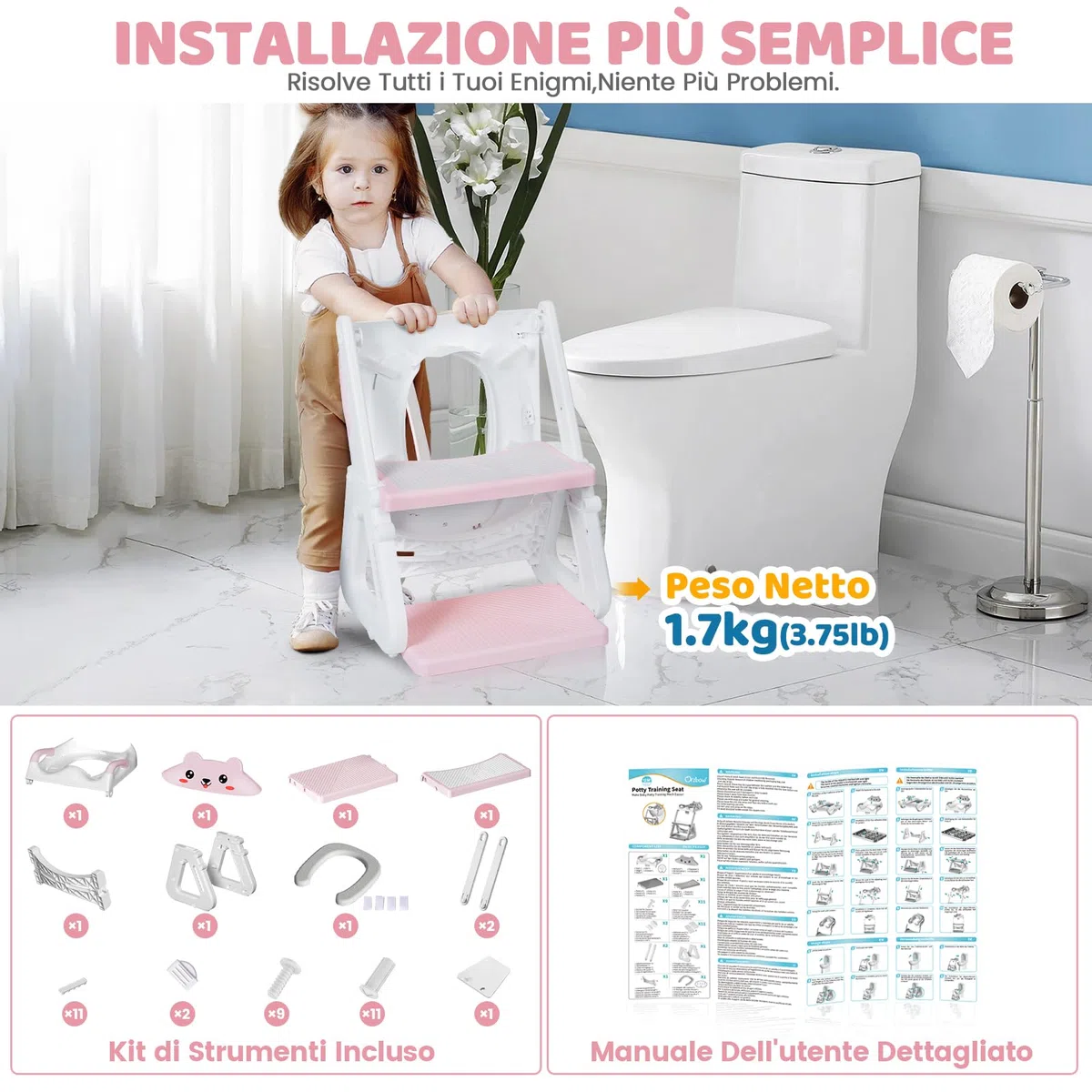 Riduttore Wc Bambini - Upgraded Riduttore Wc 2 in 1 - Struttura a Triangolo | Pedale Allargato | Paraspruzzi Estesi | Cuscino Morbido | Manico Allargato - Antiscivolo Pieghevole Leggero - Rosa Orso