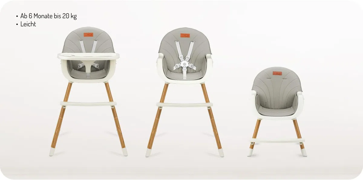 MoMi Seggiolone Pappa Evolutivo 3 in 1 - Sedia Evolutiva per Bambini da 6 a 36 Mesi - Cinture di sicurezza, Rivestimento in ecopelle, Poggiapiedi, Portabicchiere, Gioco con Ventosa - Grigio