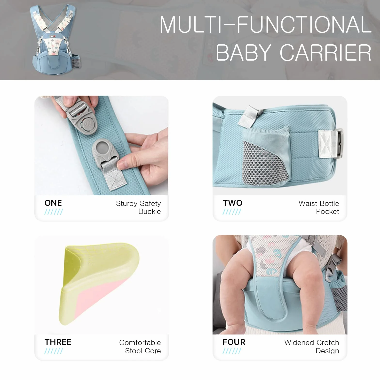 SONARIN Traspirante Semplice Hipseat Marsupio,Marsupio Neonati con Sedile Multifunzionale Portantina Ergonomico Porta Bambino Fascia Porta Bebè per Neonati Bambini 0-36 Mesi(Grigio)