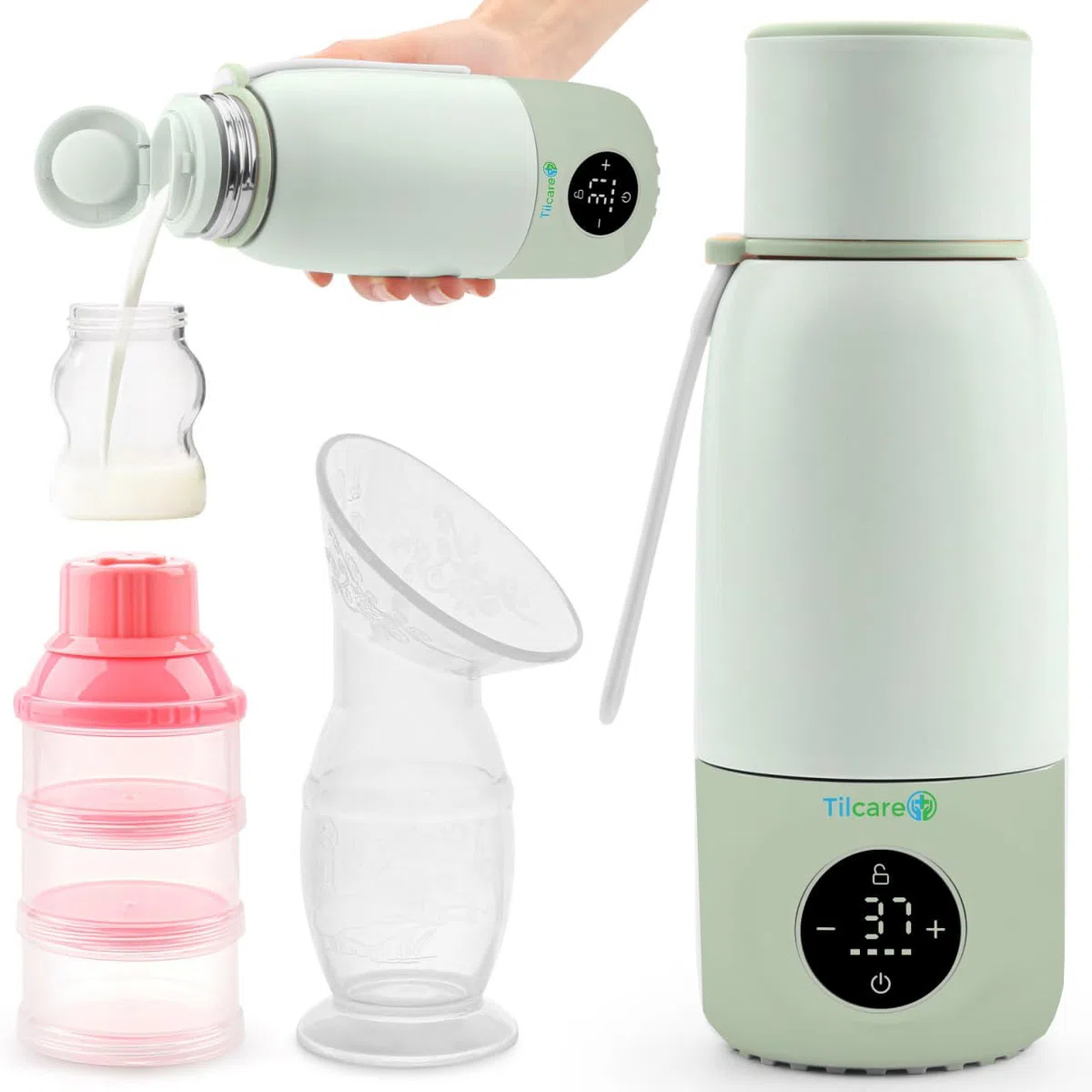 Scaldabiberon Portatile Ricaricabile con Distributore di Formula - 17oz/500ml, Riscaldamento Veloce, Controllo Preciso della Temperatura, Fino a 12 ore di Riscaldamento con Display LCD, Verde