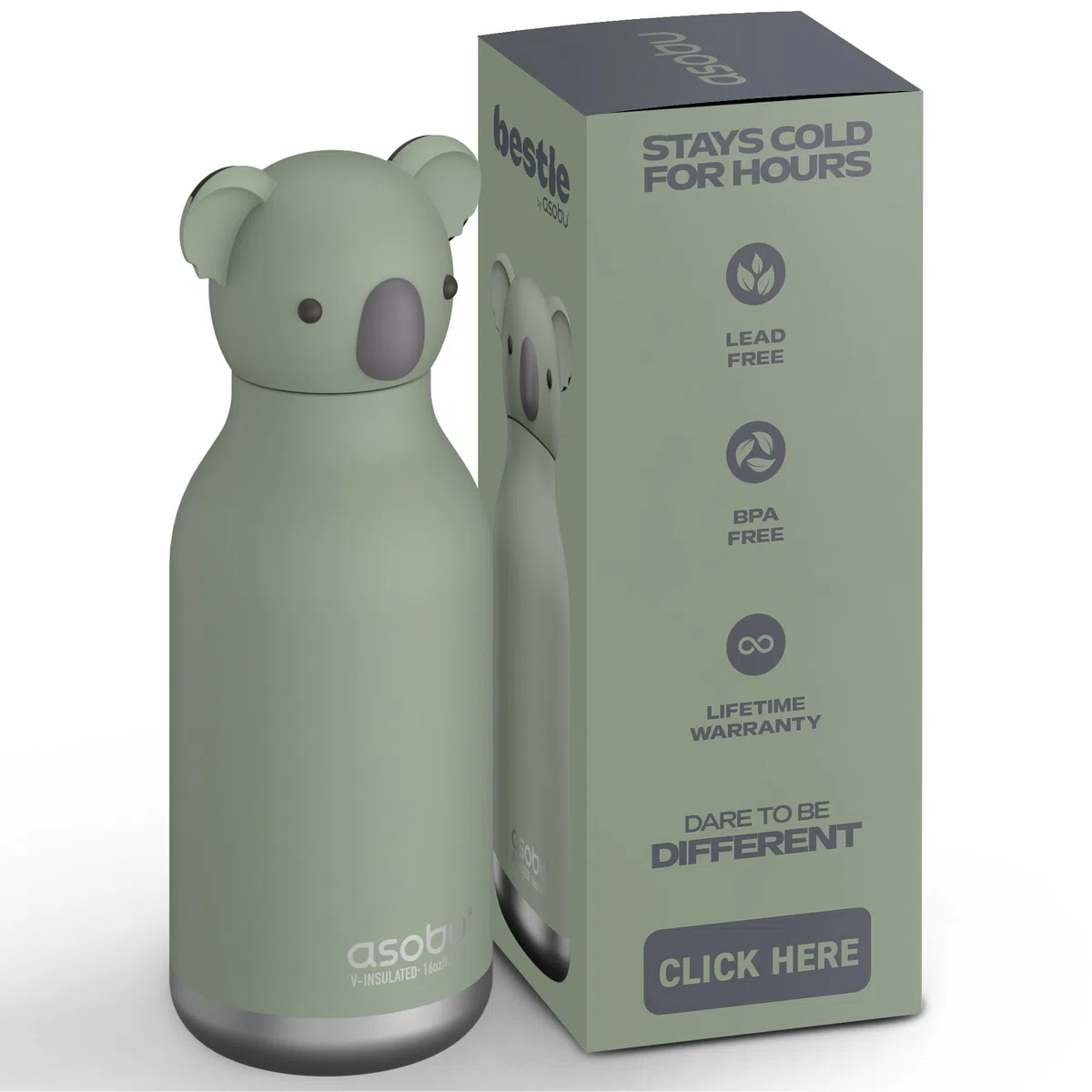 asobu Bestie - Borraccia isolata in acciaio inox, con morbida testa di animale rimovibile, per bambini e ragazzi, con cannuccia flessibile riutilizzabile (coala)