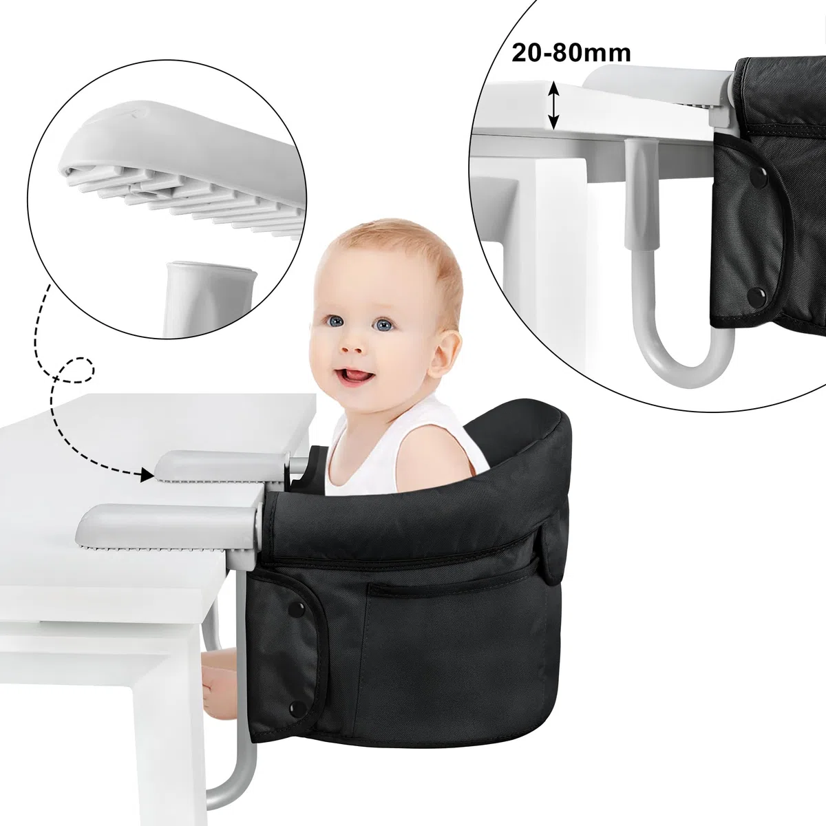 XMTECH Seggiolino da tavolo pieghevole per bambini, seggiolone, per il fissaggio al tavolo, struttura stabile, sedia da tavolo imbottita con tasca, colore nero