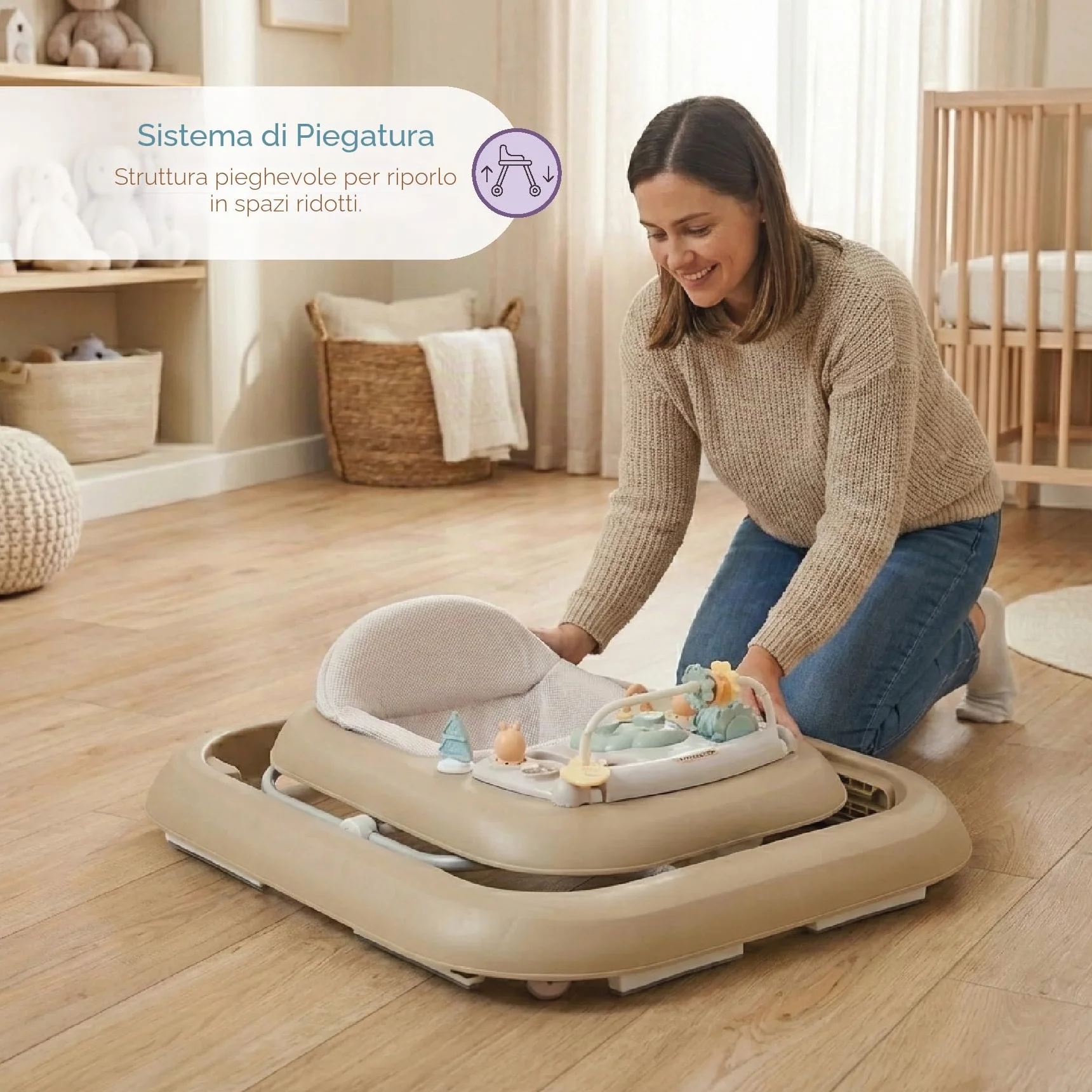 Buddy Baby FUNNY - Deambulatore per bambini + 6 mesi con base antiribaltamento - Include Vassoio con Suoni e Giochi - Pieghevole compatto, altezza regolabile e ruote girevoli a 360° (Sabbia)