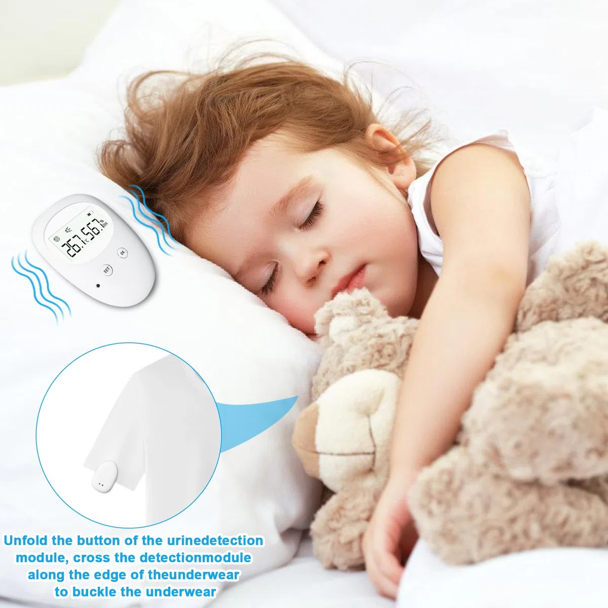 Allarme senza fili per bagnarsi sul letto, allarme wireless con ricevitore e trasmettitore a clip, indicatore di temperatura e umidità, ricarica USB per bambini vasino per la cura degli anziani