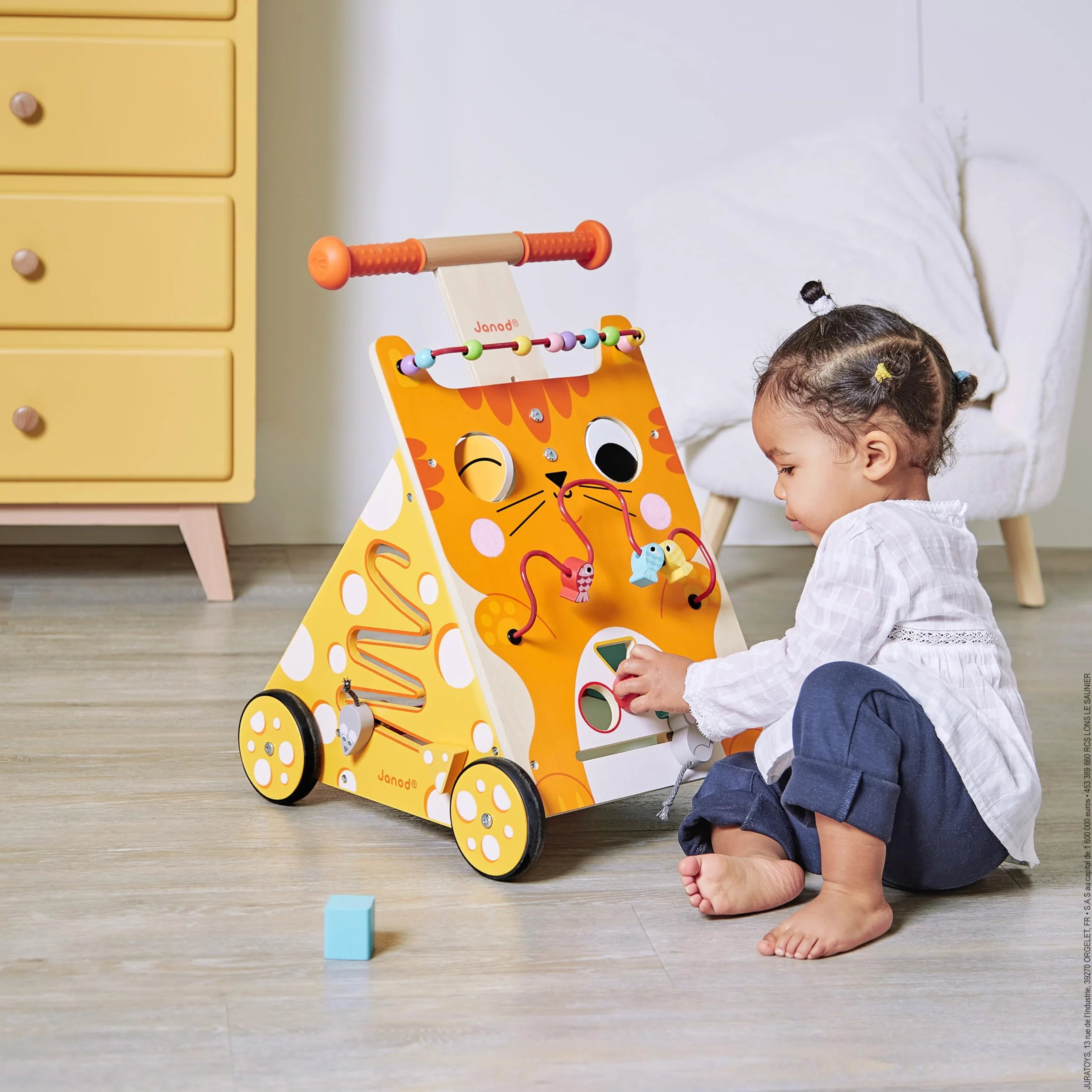 Janod - Carrello Multi-attività Gatto in Legno - Spingitore Evolutivo con Freno e Maniglia Regolabile - Apprendimento della Camminata - A Partire dall'anno, J08005, Multicolore