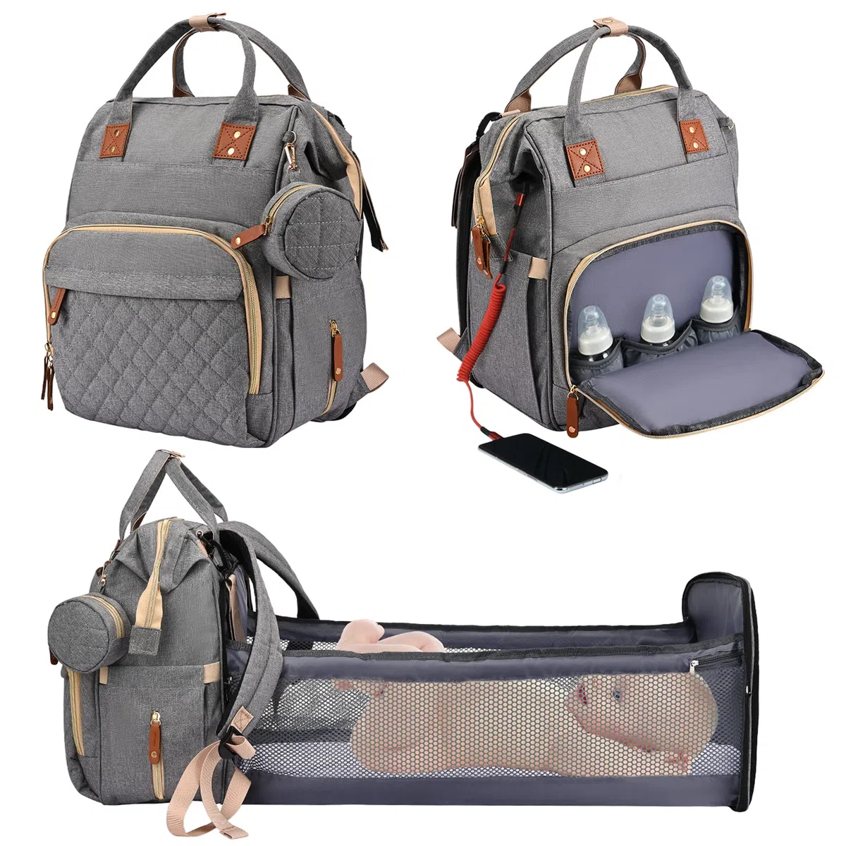 Towwoo Zaino Mamma Multifunzione, 35L Zaino Fasciatoio Neonato Portatile con Lettino Pieghevole, Grande Capacità Cambio Neonato Impermeabile per Bebè Passeggino, Porta di Ricarica USB