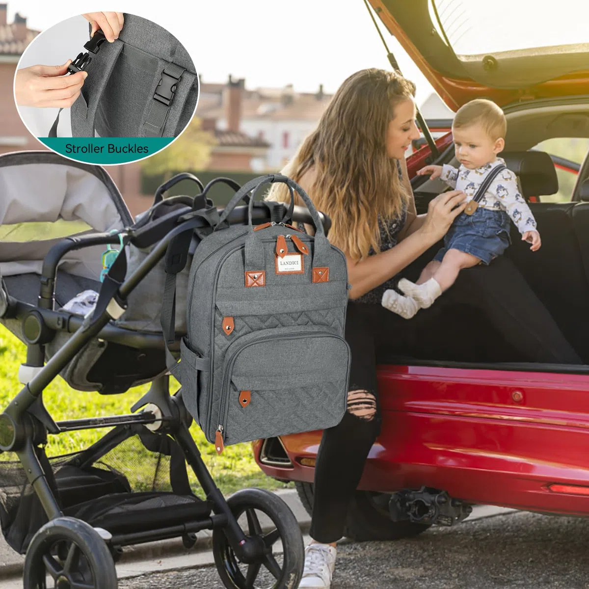 LANDICI Zaino per il cambio del bambino, grande zaino fasciatoio con fasciatoio, cinghie per passeggino e custodia per ciuccio, borsa multifunzione per cambio bambole, per mamma, papà, ragazzo e