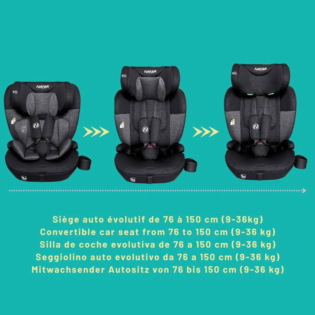 Nania, Torino, Seggiolino auto, 76-150 cm, da 9 a 36 kg, da 15 mesi a 12 anni, Poggiatesta regolabile con 12 regolazioni, Protezione laterale,Portabicchieri
