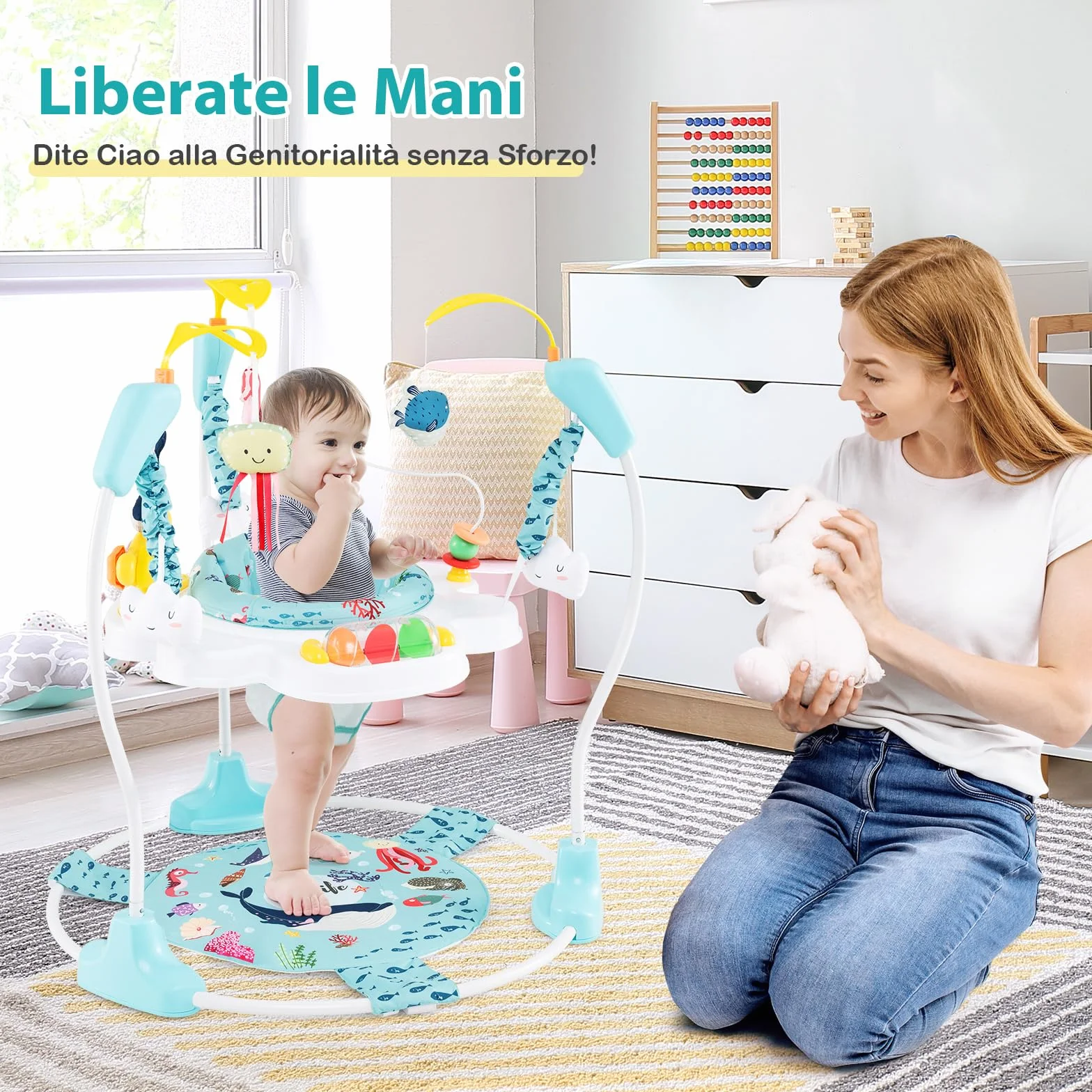 COSTWAY Jumperoo per Bambini, Centro Attività Saltella con Altezza Regolabile, Sedile Girevole 360°, Luci e Suoni, 6+ Mesi, Azzurro