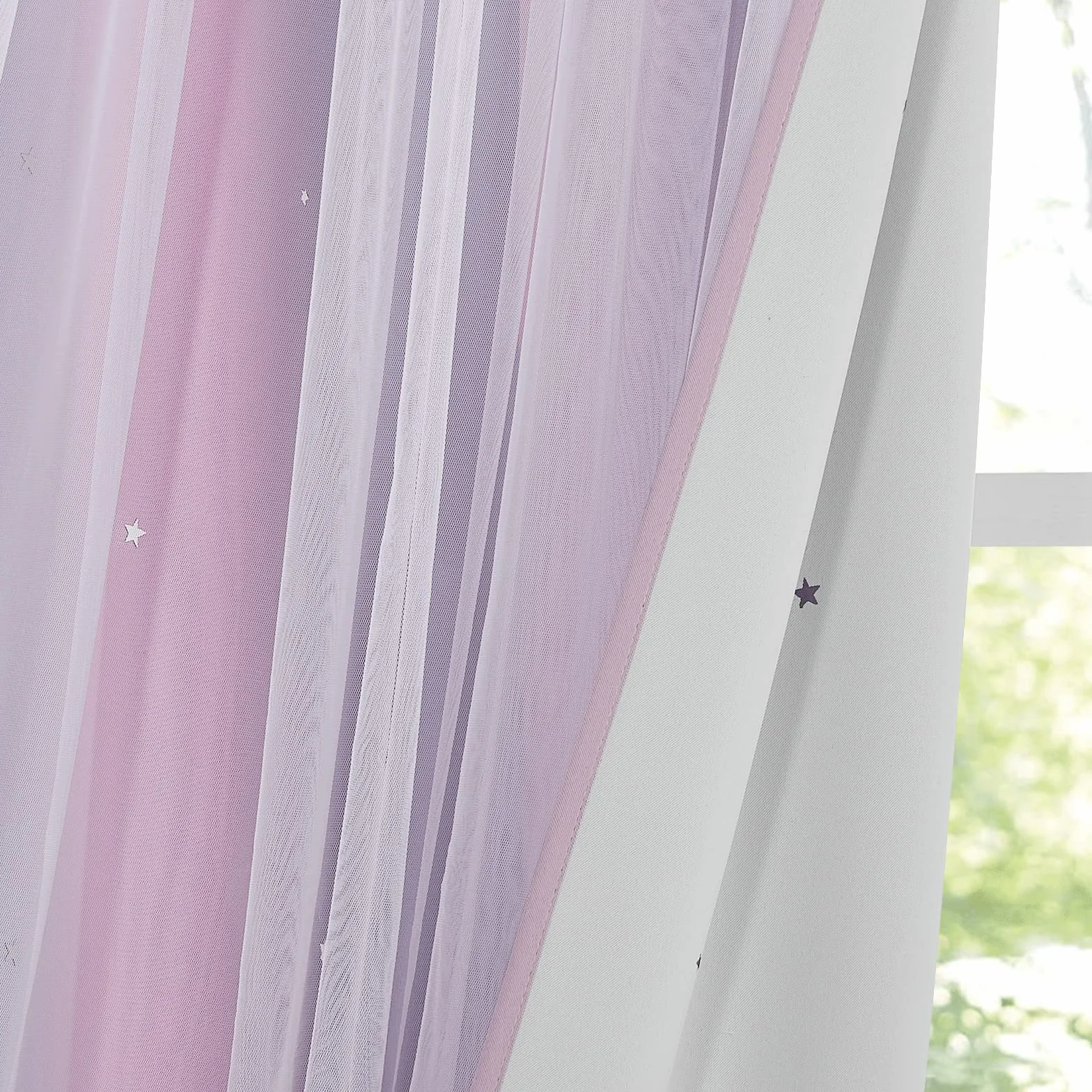 NICETOWN Tende Oscuranti per Camera da Letto Doppio Velo con Stelle Vuote 2 Pezzi 132x280 cm Rosa Viola