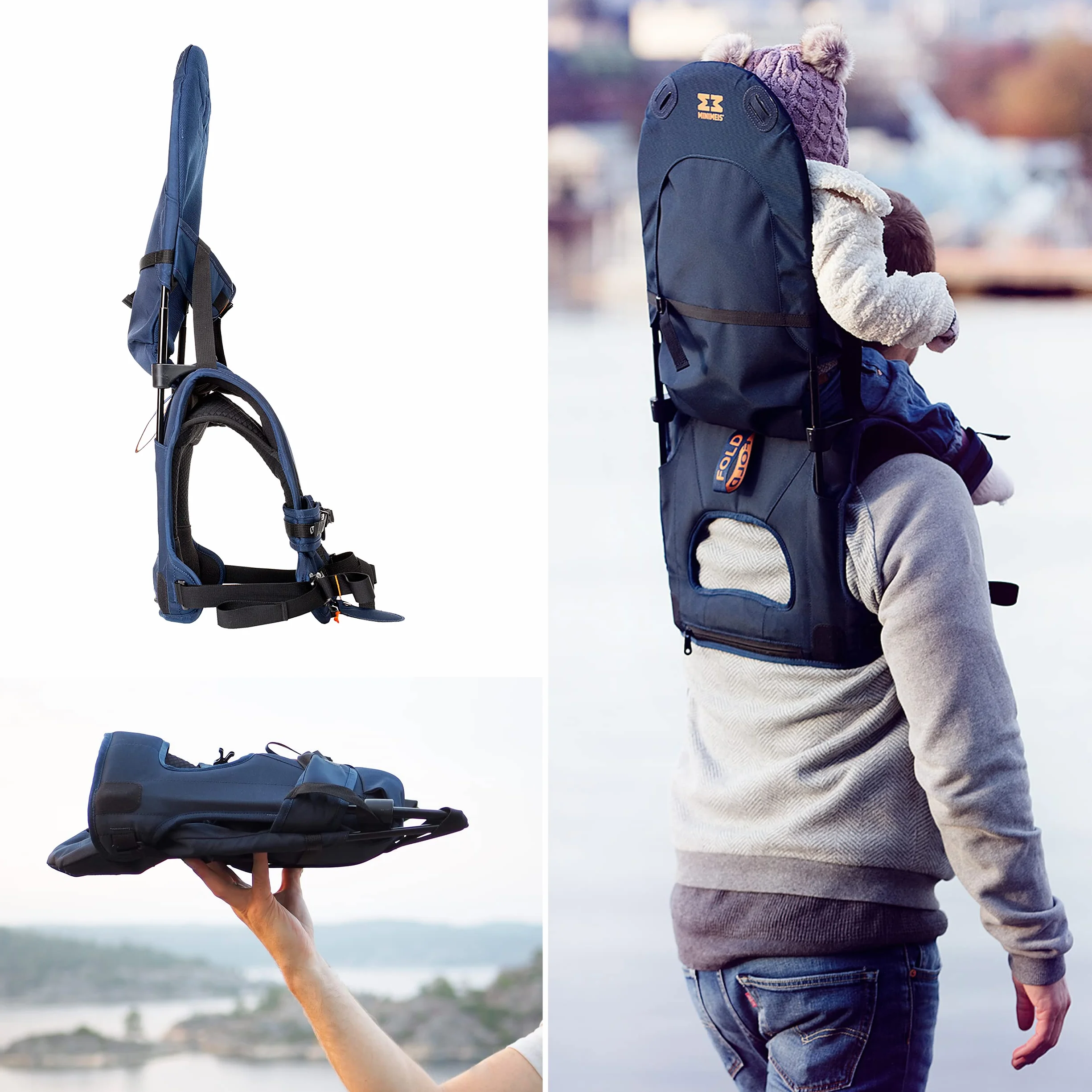 MiniMeis G4 - Marsupio per bambini al mondo con supporto per la schiena, sistema di trasporto pieghevole fino a 18 kg (blu e nero)