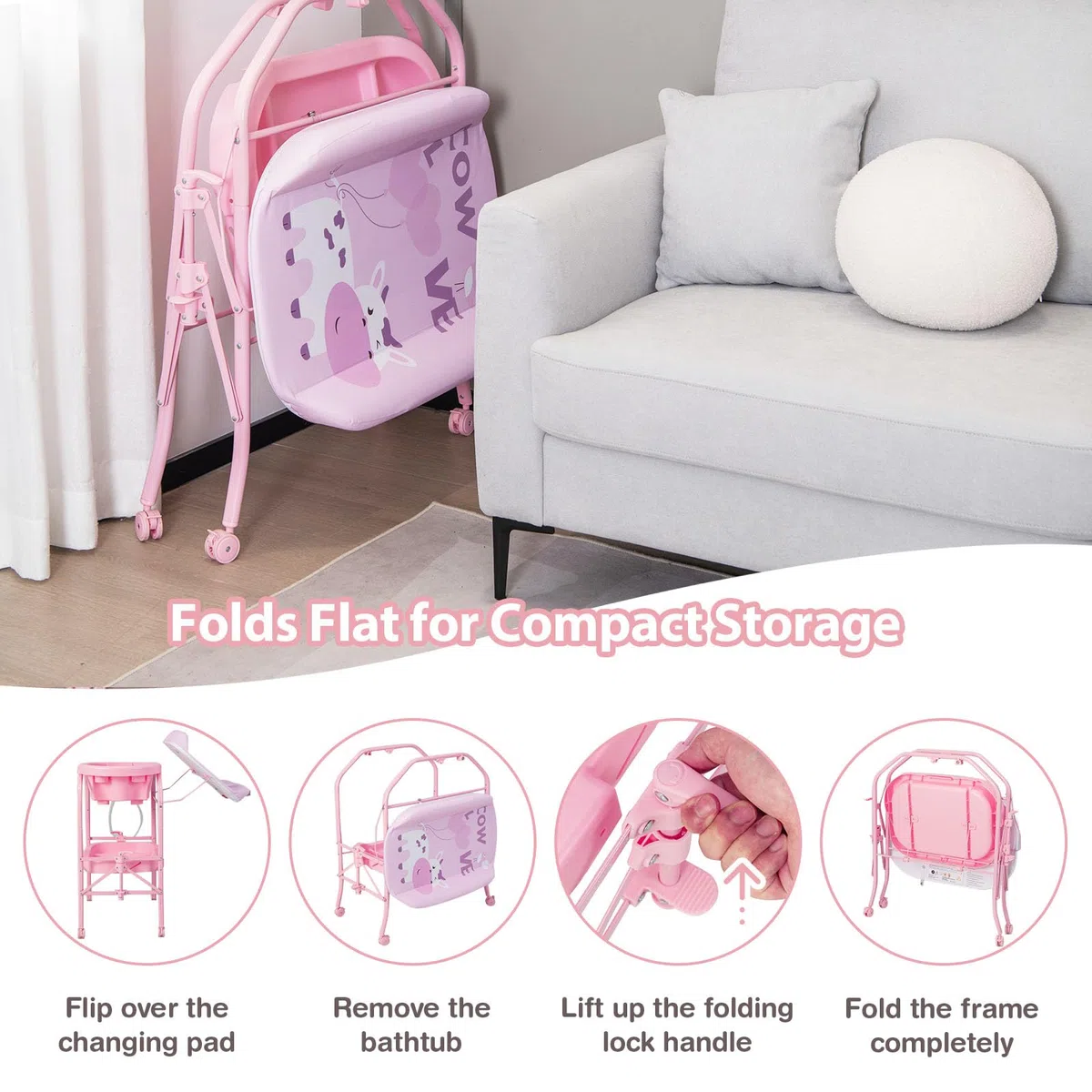LIFEZEAL Vaschetta Bagnetto Neonato, 0-12 Mesi, con Fasciatoio, Vaschetta Bagnetto Neonato Pieghevole, con Materassino Fasciatoio, Ripiano Portaoggetti e Ruote, Portata 35 kg (rosa)