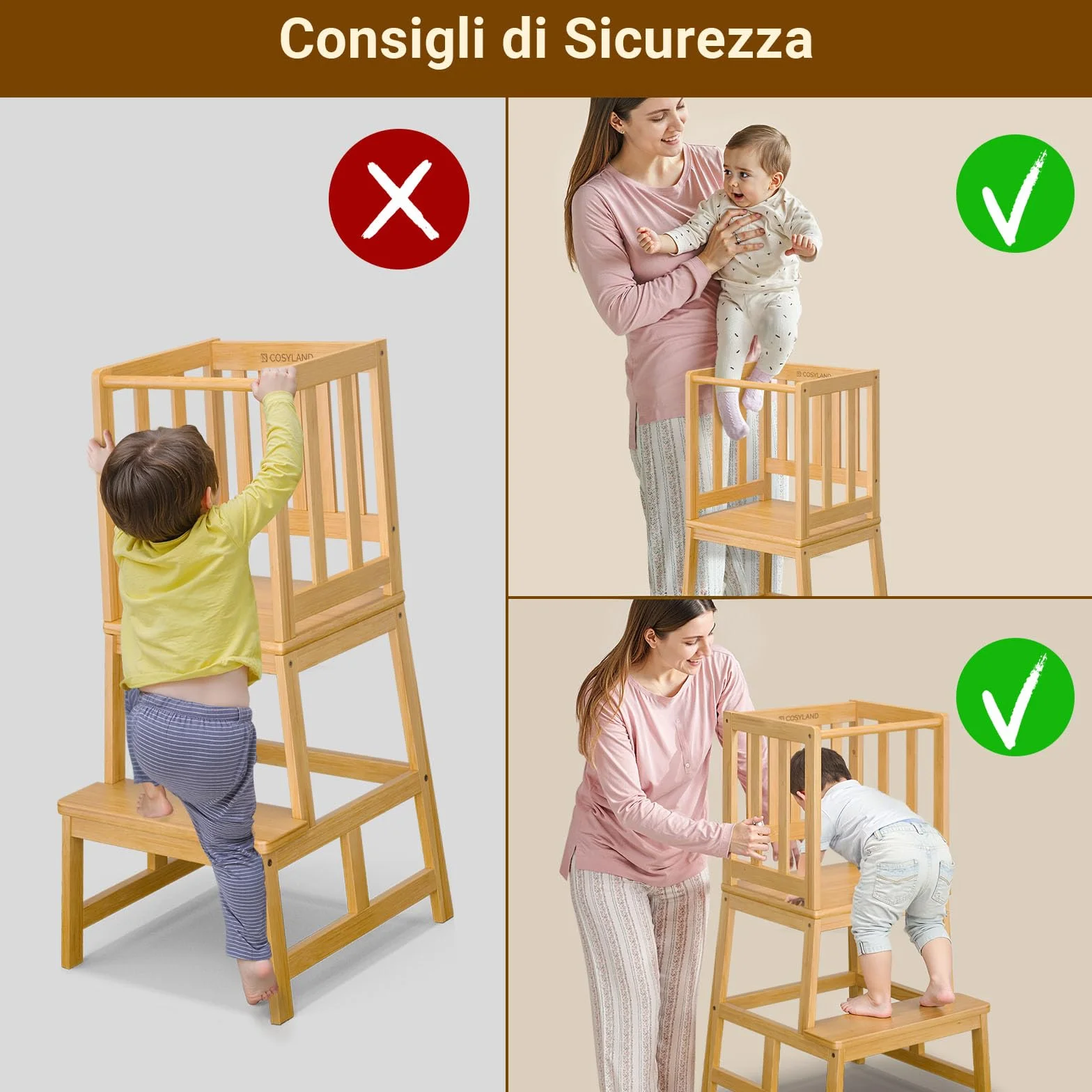 COSYLAND Torre Montessoriana Bambini A Forma di A con Pedana Centrale Rinforzata Bambù Naturale