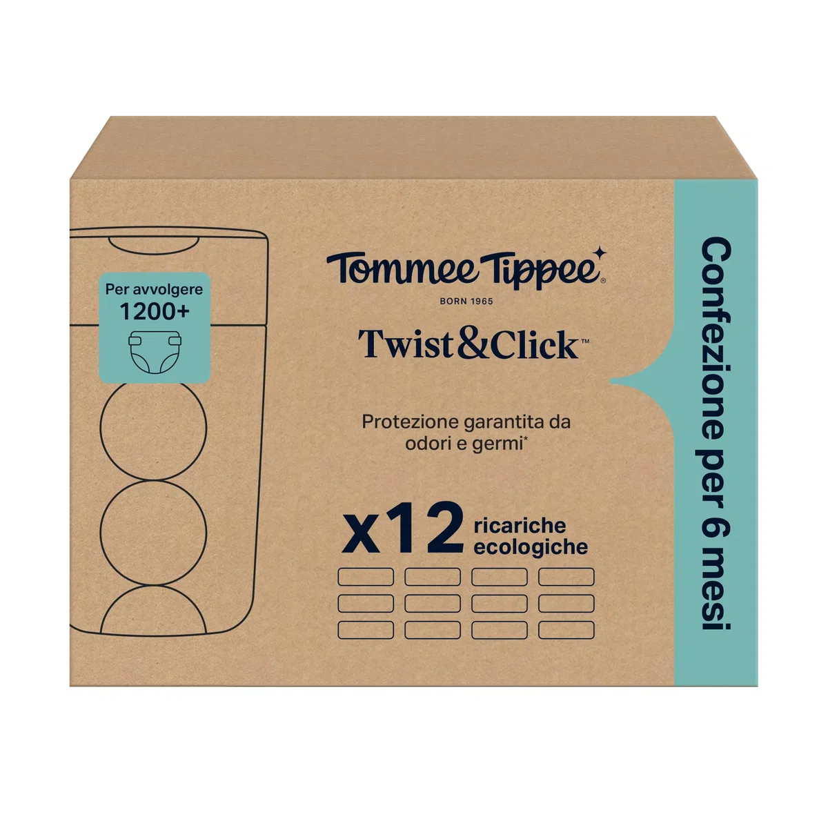 Tommee Tippee Sacchetti per mangiapannolini Twist & Click, 12 ricariche da 10,5 metri, pellicola antibatterica* multistrato, da inserire nella ricarica in uso, 12 x 10,5 m