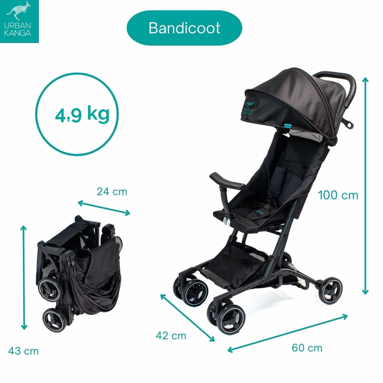 Urban Kanga Bandicoot Passeggino da Viaggio Ultraleggero Pieghevole Compatto fino a 22 kg con Tracolla Copertura Protettiva Midnight Black