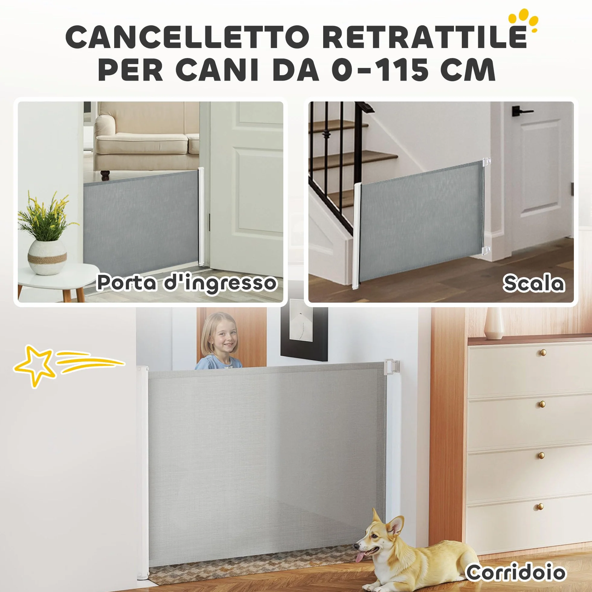 PawHut Cancellino per Cani Estensibile fino a 115 cm con Viti e Gancio, Cancelletto di Sicurezza in Poliestere e Acciaio, 115x82.5 cm, Bianco e Grigio