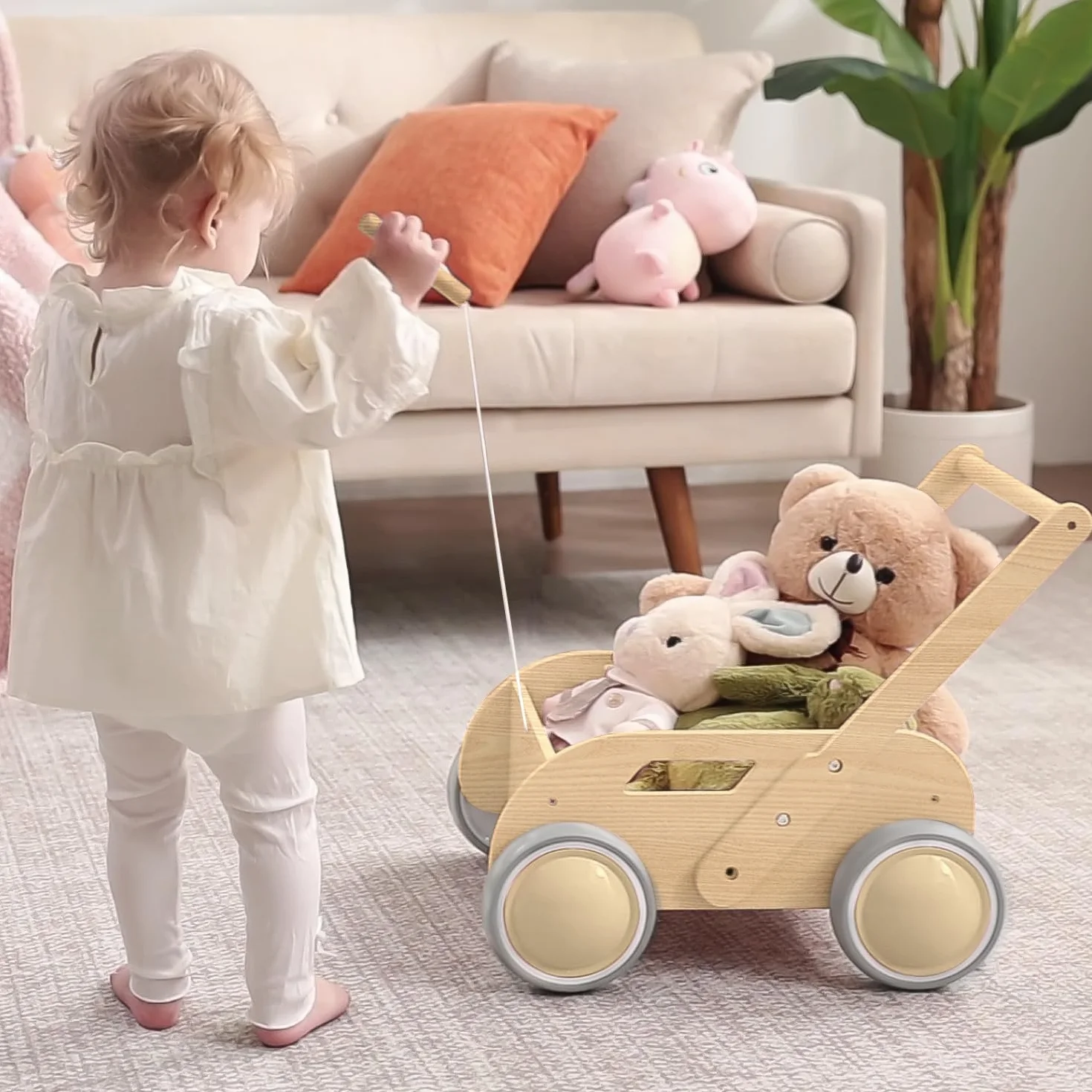 Girello per Bambini di legno, Carrello Primi Passi Legno per Bambini e Bambine, Activity Baby Walker, Toddler Push & Pull Toys, Primi Passi Regalo per Compleanno Natale, Naturale
