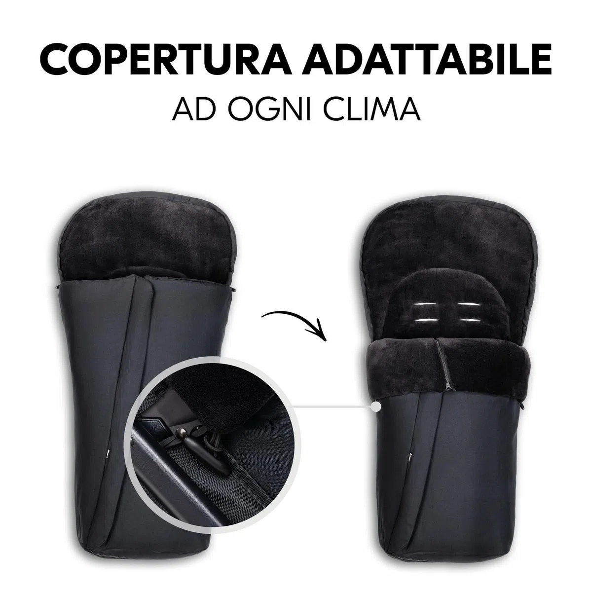 hauck Sacco Passeggino Universale, Nero - 105 x 57 x 10 cm, Caldo e Antivento con Interno in Pile, Cerniera a 2 Vie, Antiscivolo, Lavabile, Arrotolabile in una Borsa, dalla Nascita fino a 3 Anni