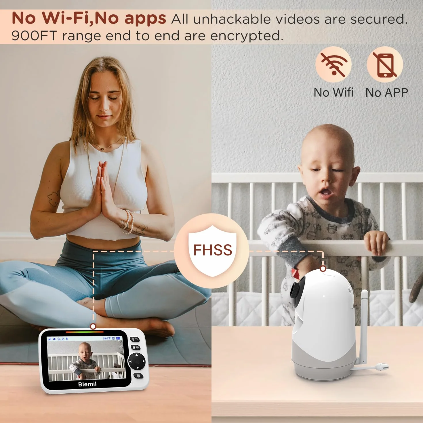 Blemil Babyphone Camera Video Monitor con telecamera e audio con batteria da 30 ore, schermo diviso da 5", telecamera con panoramica/inclinazione/zoom remoto