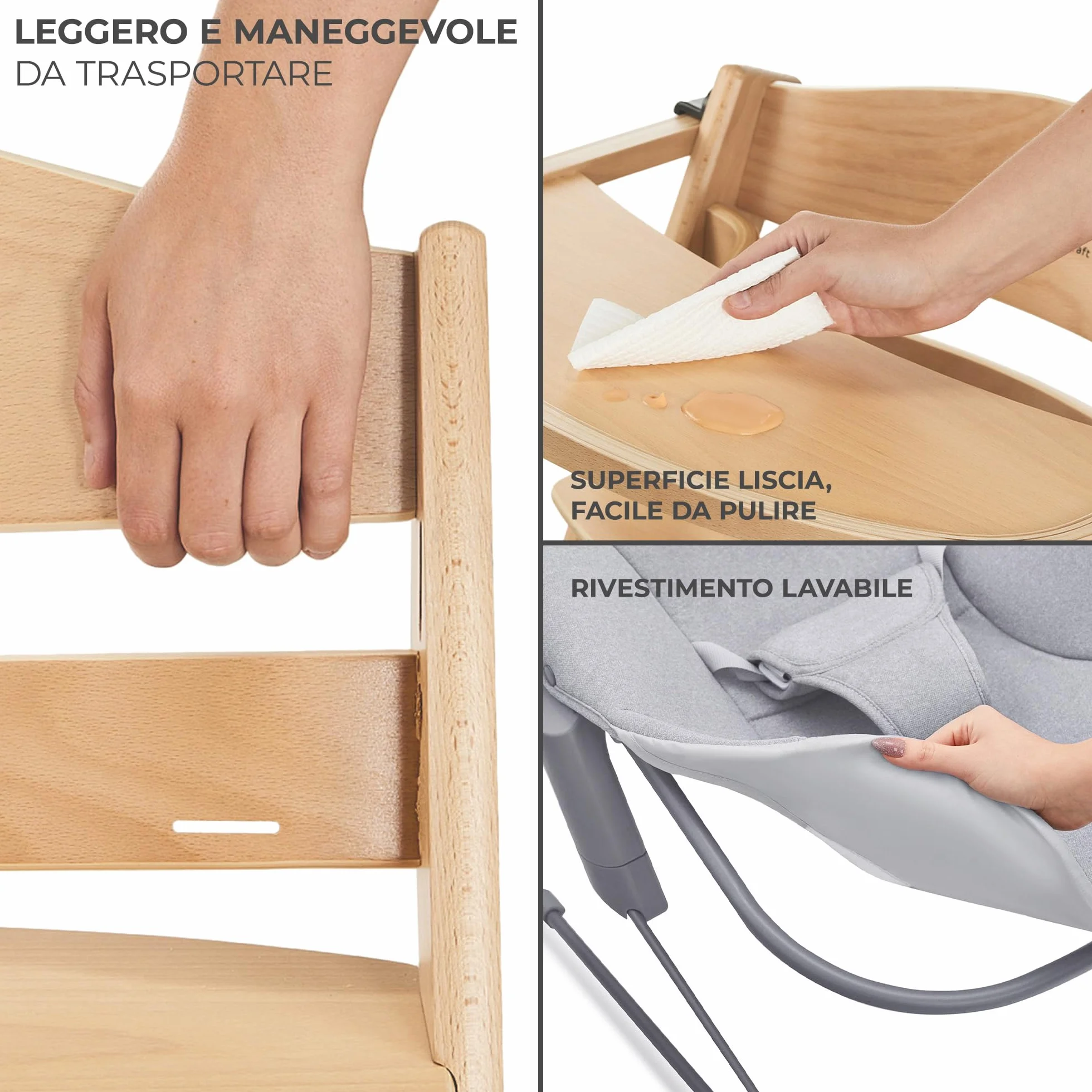 Kinderkraft ENOCK Seggiolone Pappa + Sdraietta CALMEE Legno Evolutivo Multifunzionale Sedia Ergonomica Altezza Regolabile 6 Mesi 10 Anni
