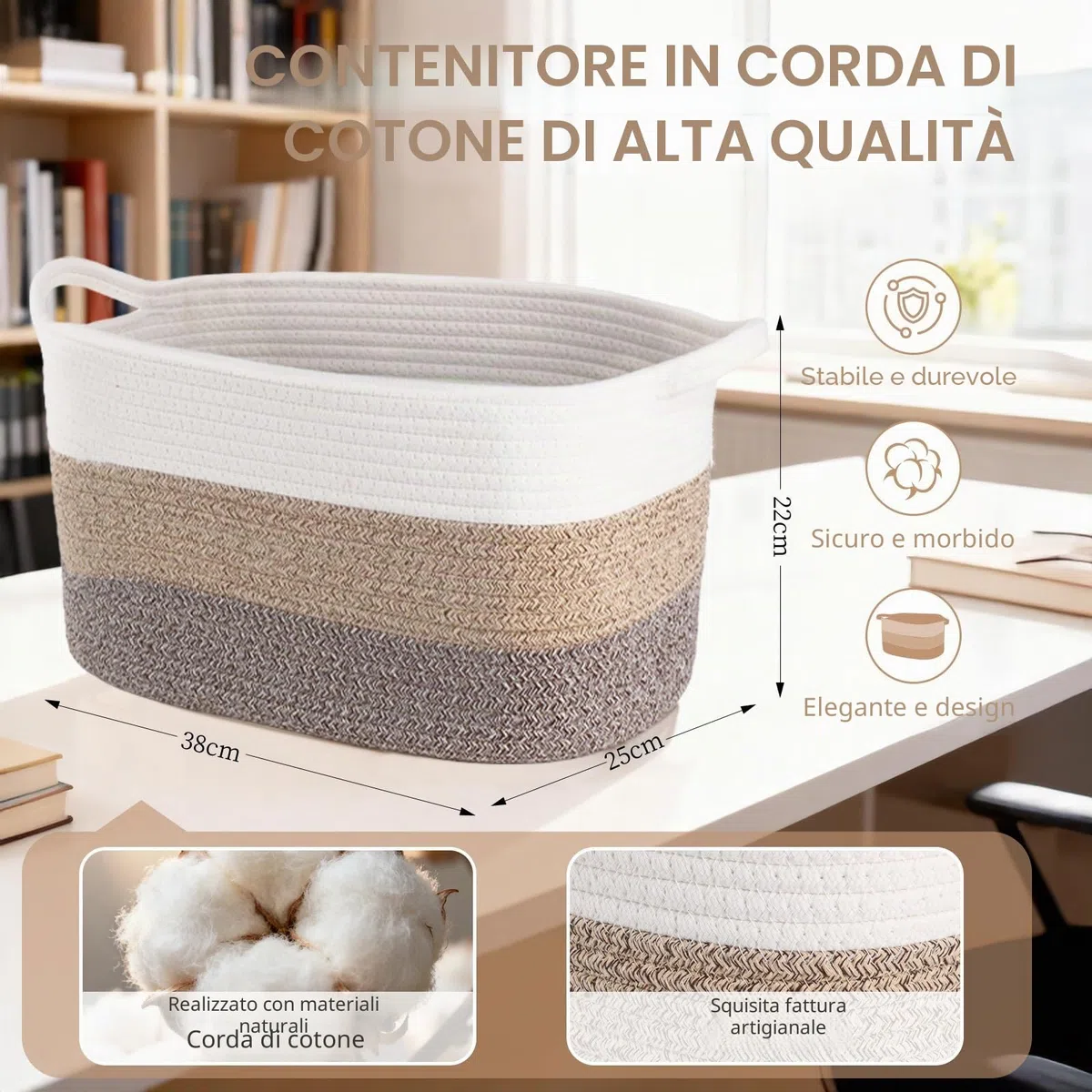 AOFANGSHIYE3 cesti di stoccaggio, corda di cotone per bambini cesto regalo, giocattoli per bambini cesto di stoccaggio(bianco marrone)