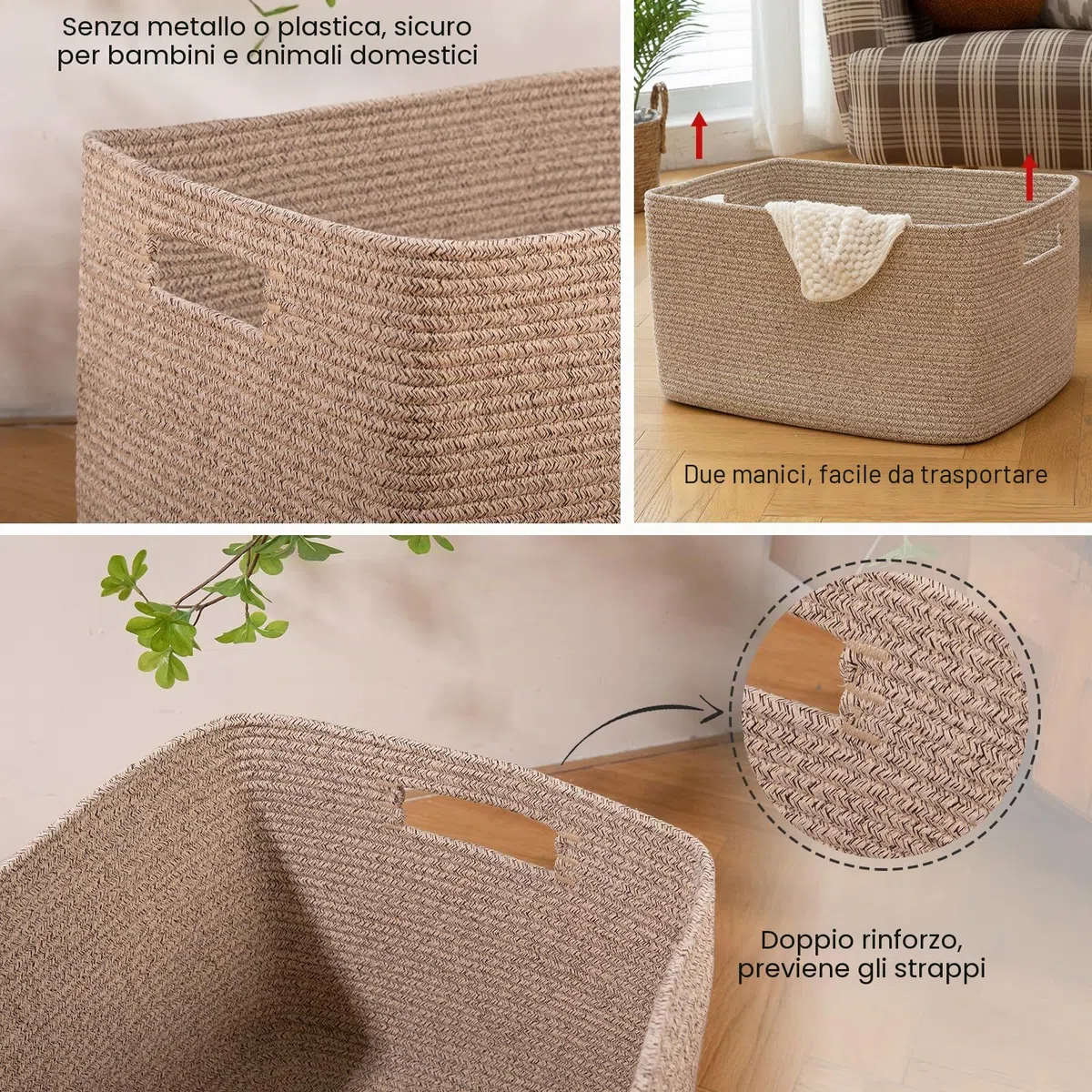 OIAHOMY, Grande cesto portaoggetti per coperte, 75 l, con manico, in corda di cotone per organizzare 55,9 x 43,2 x 30,5 cm, cestino per coperte, soggiorno, cestino per giocattoli per asilo, marrone