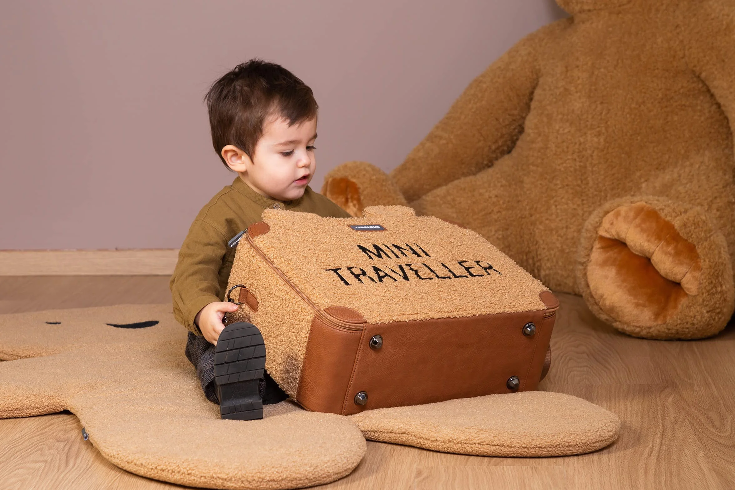 Childhome Valigia per bambini Weekend formato cabina compatto resistente con manico etichetta nome orsacchiotto marrone