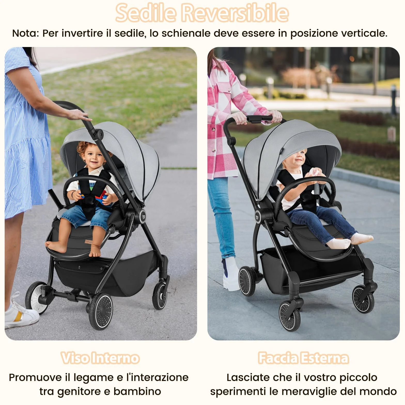 COSTWAY Passeggino per Bambini Reversibile Pieghevole con Schienale Reclinabile, 0-36 Mesi, 15 kg Grigio