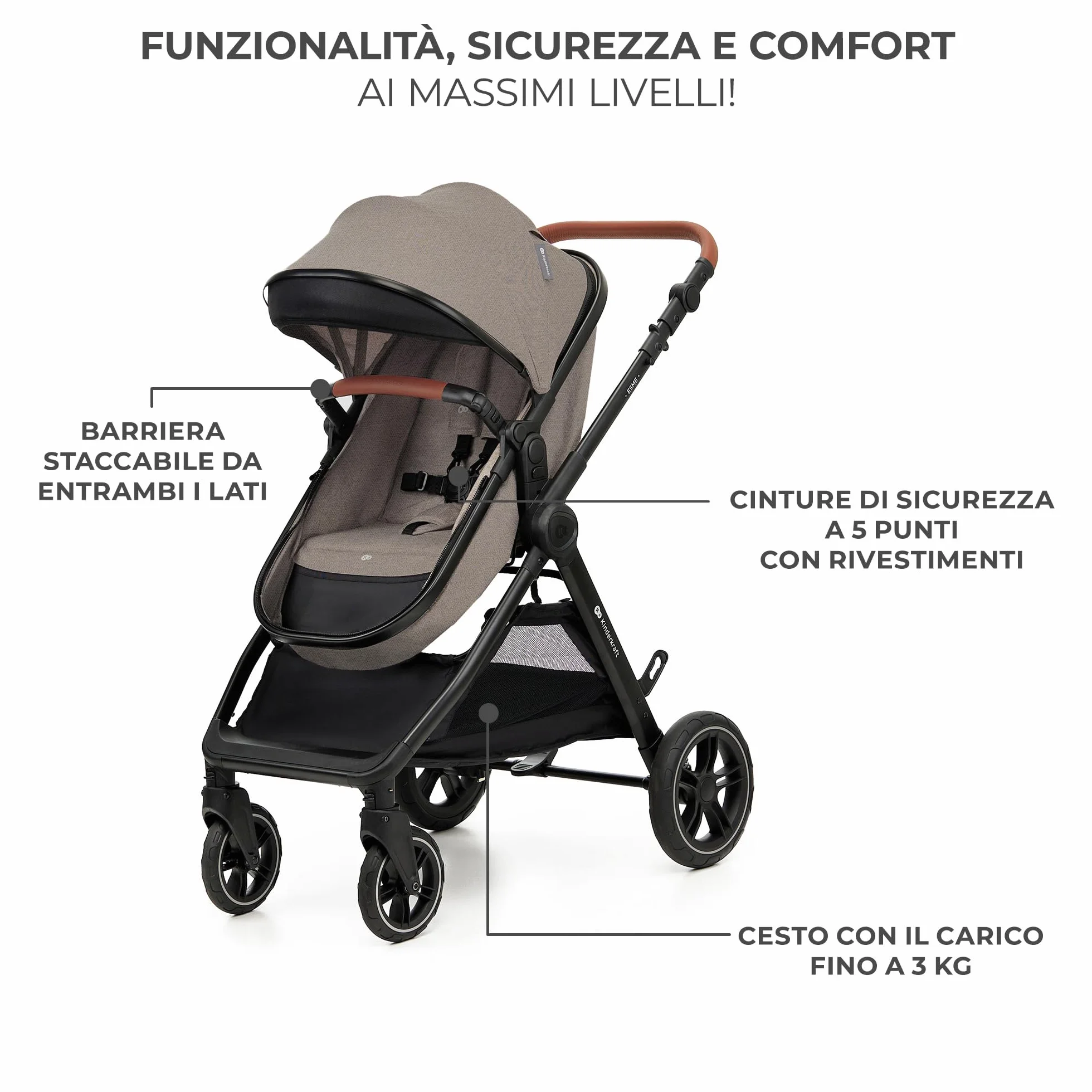 Kinderkraft ESME Trio passeggino neonati 3 in 1 fino 26 kg, Ovetto I-SIZE 40-75 cm, Carrozzina reversibile, Pieghevole, Beige